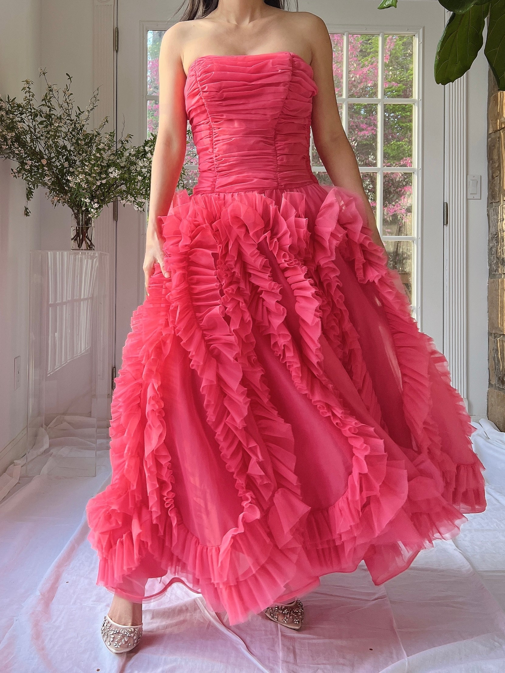 1960s Hot Pink Ruffle Dress - S