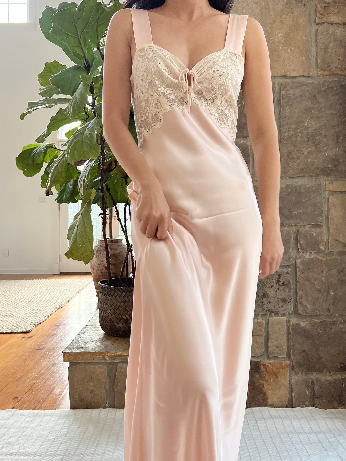 1930s Satin Keyhole Lace Bodice Gown - XS/S