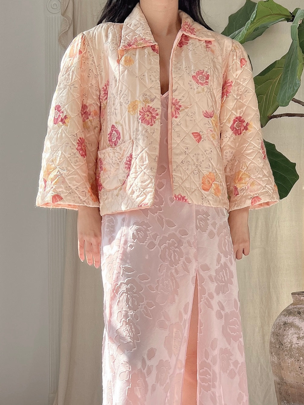 1930s Floral Satin Quilted Jacket - S/M
