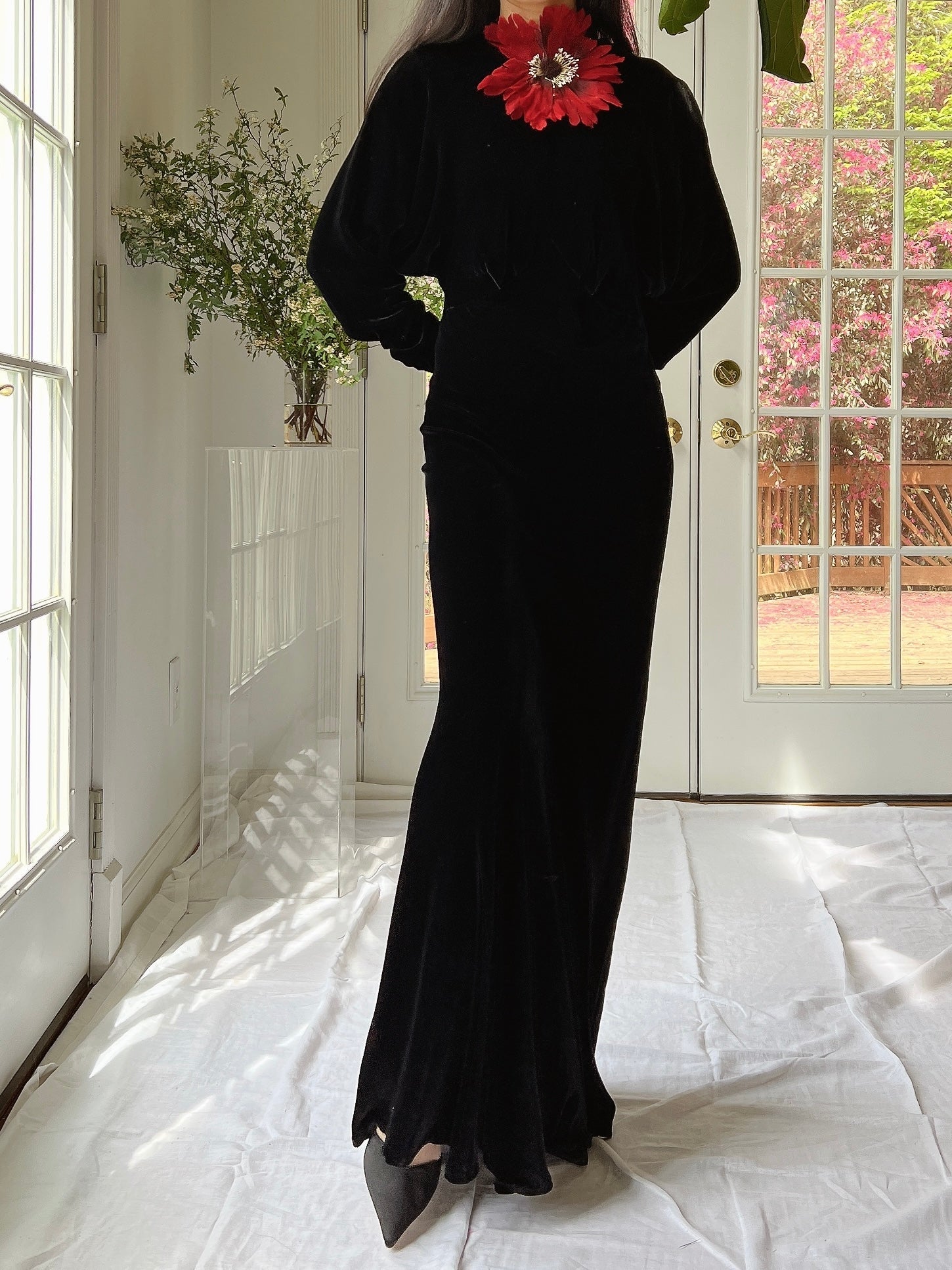 1930s Silk Velvet Dolman Sleeve Gown - XS/S