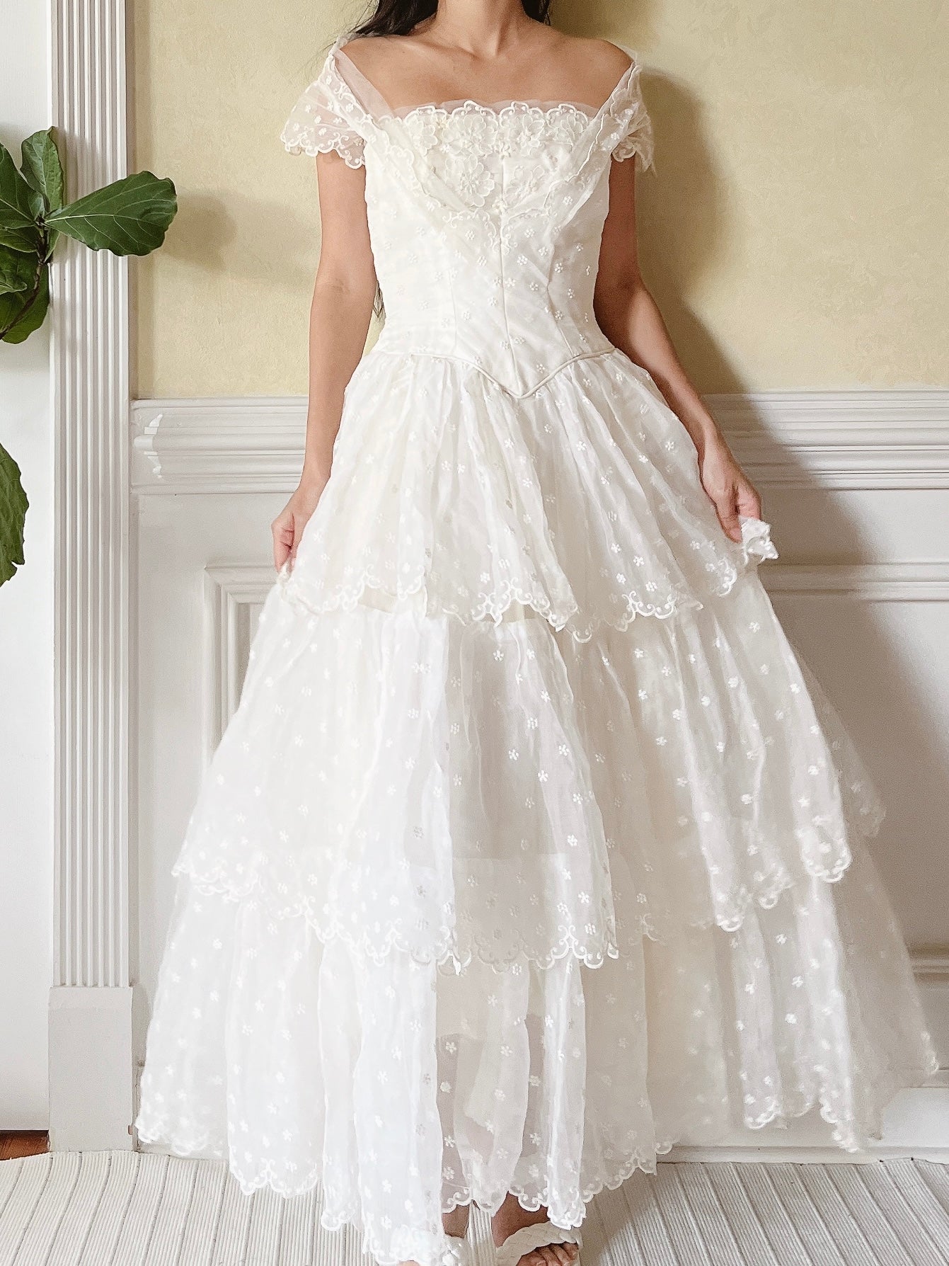 1950s Tiered Embroidered Gown - XS