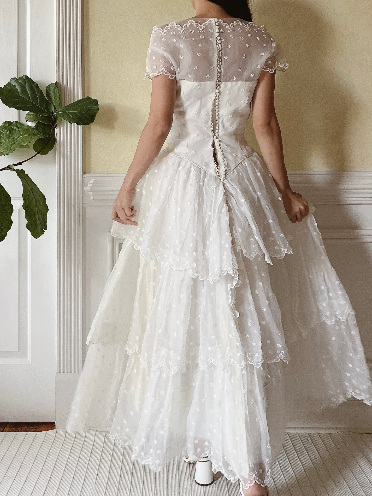 1950s Tiered Embroidered Gown - XS