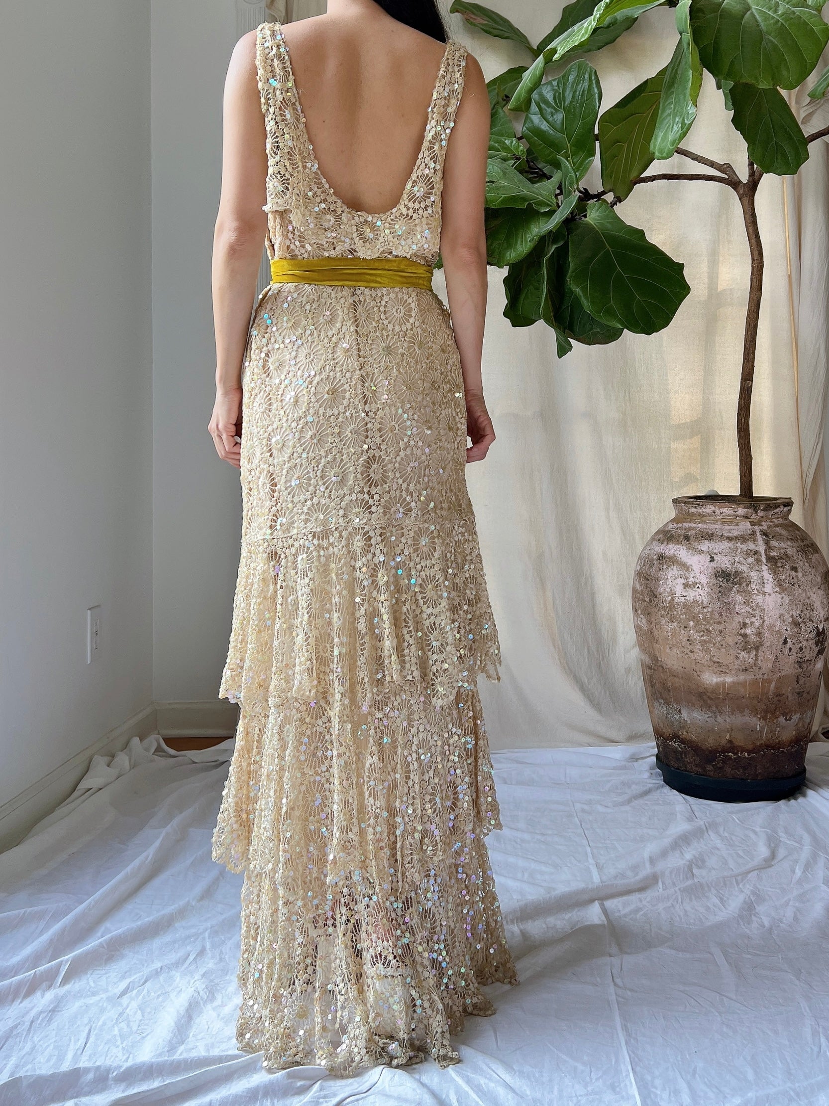 1930s Sequins Lace Gown - S
