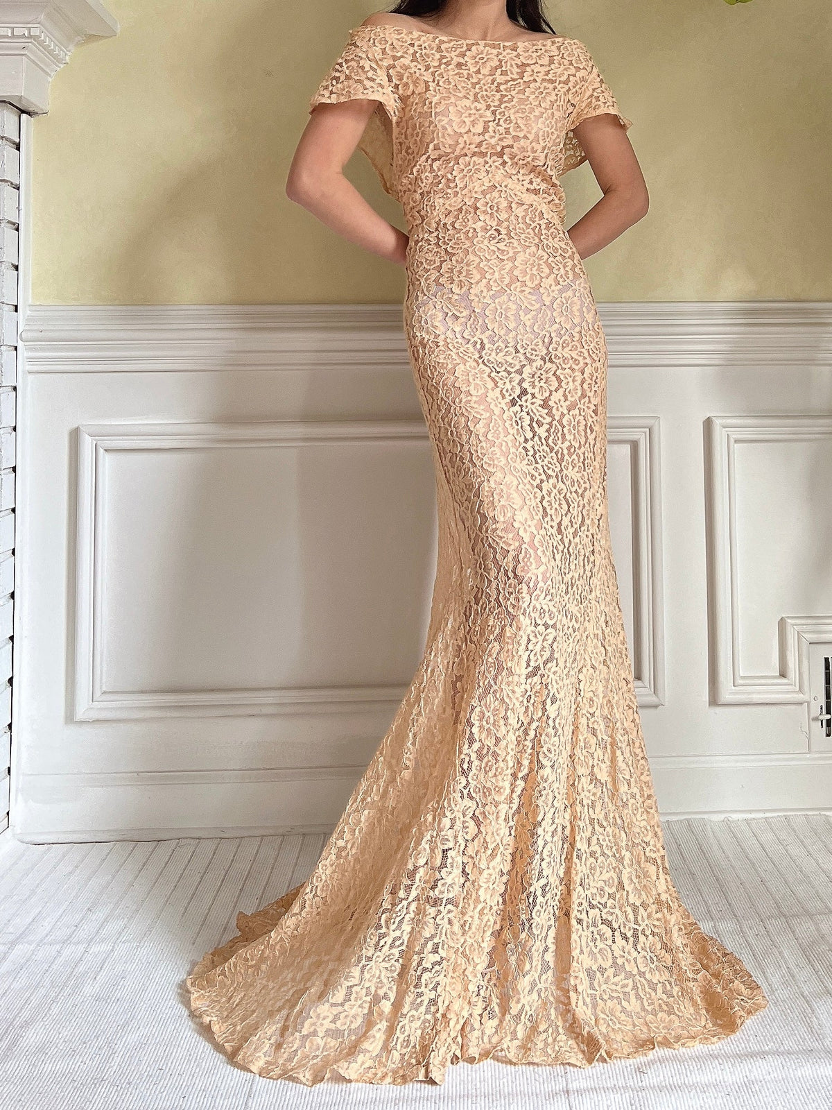 1930s Peach Lace Gown - S