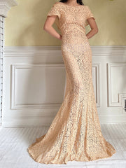 1930s Peach Lace Gown - S
