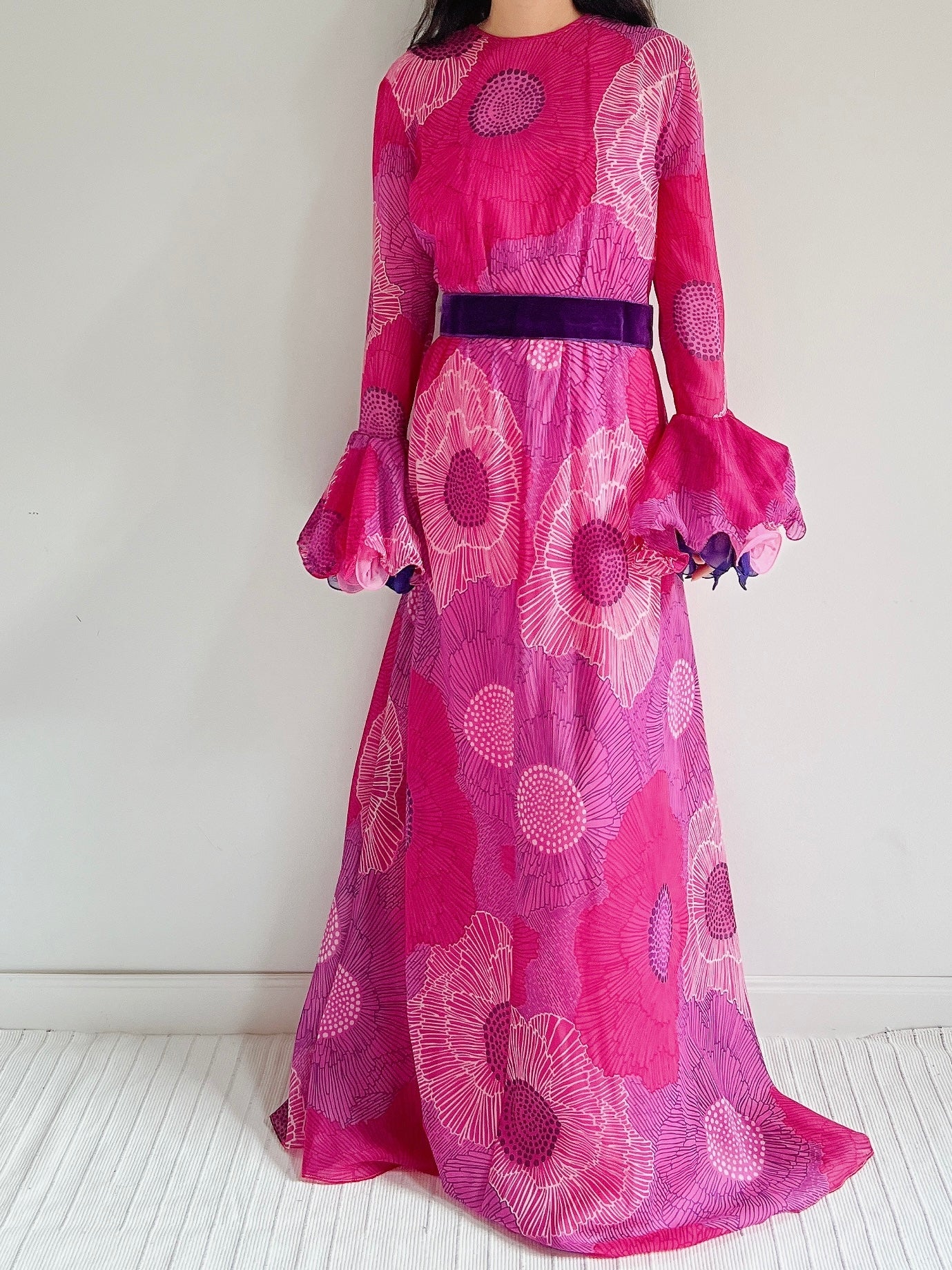 1960s Chiffon Floral Maxi Dress  - M
