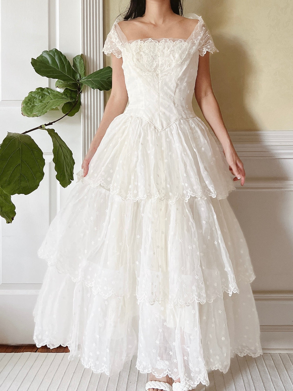 1950s Tiered Embroidered Gown - XS