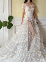 1950s Embroidered Tiered Tulle Gown - M