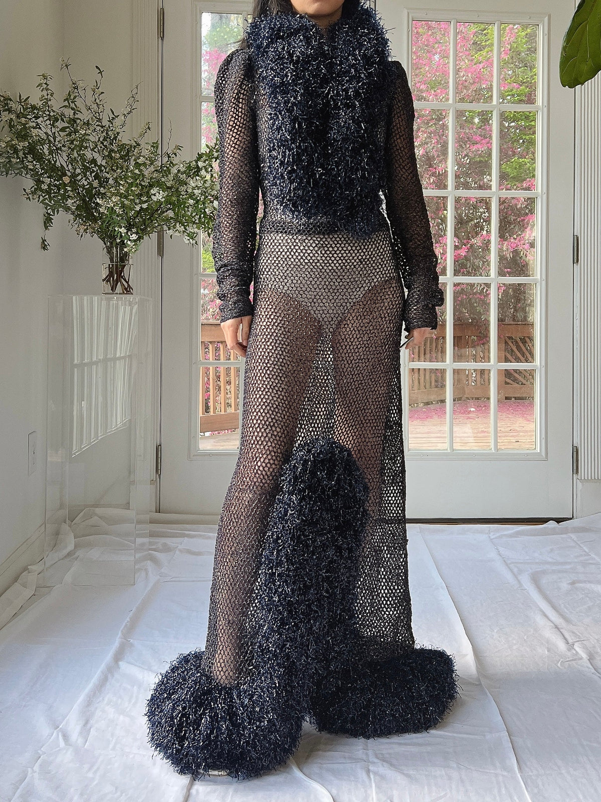1930s Metallic Woven Navy Blue Gown - M