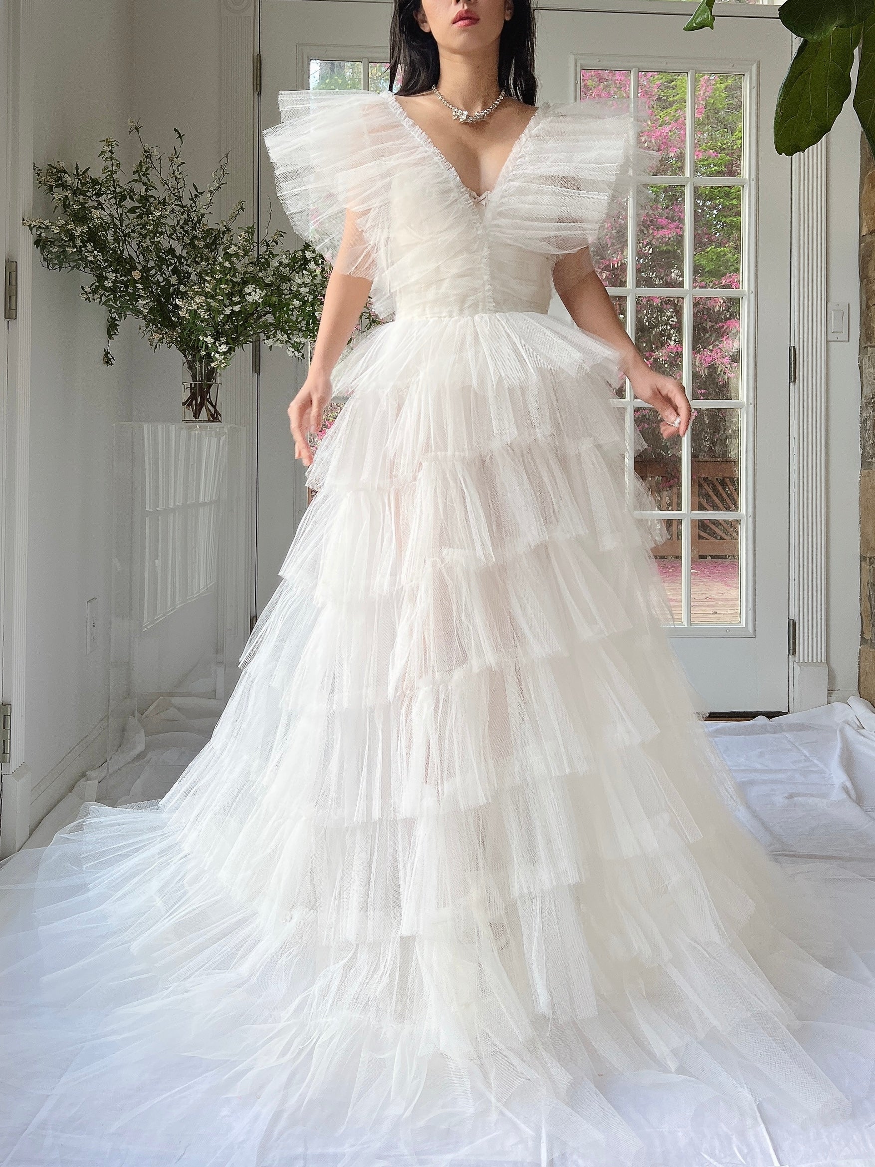 1950s Reconstructed Sheer Pleated Tulle Gown - S
