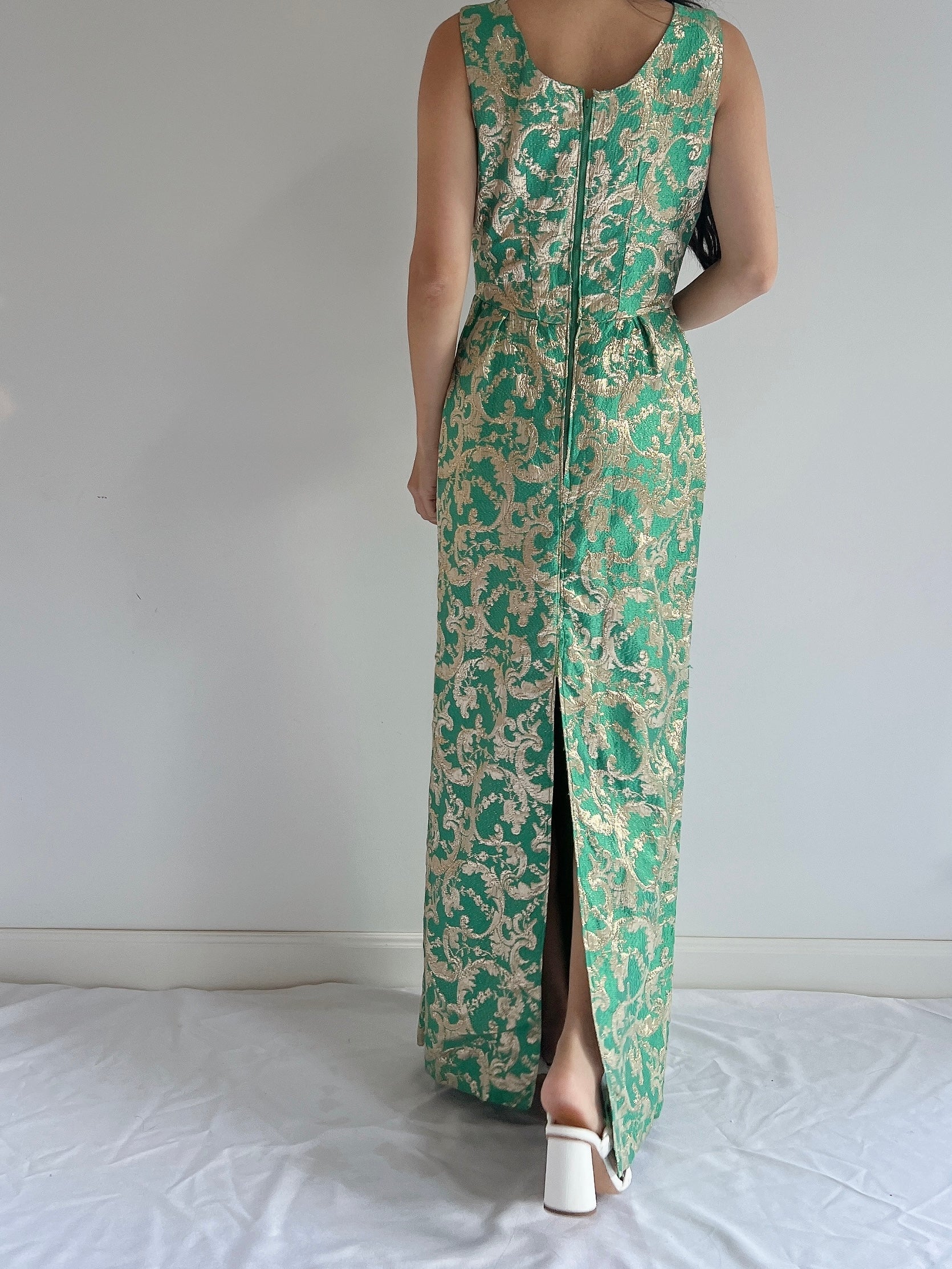 1960s Emerald Brocade Dress - S/M
