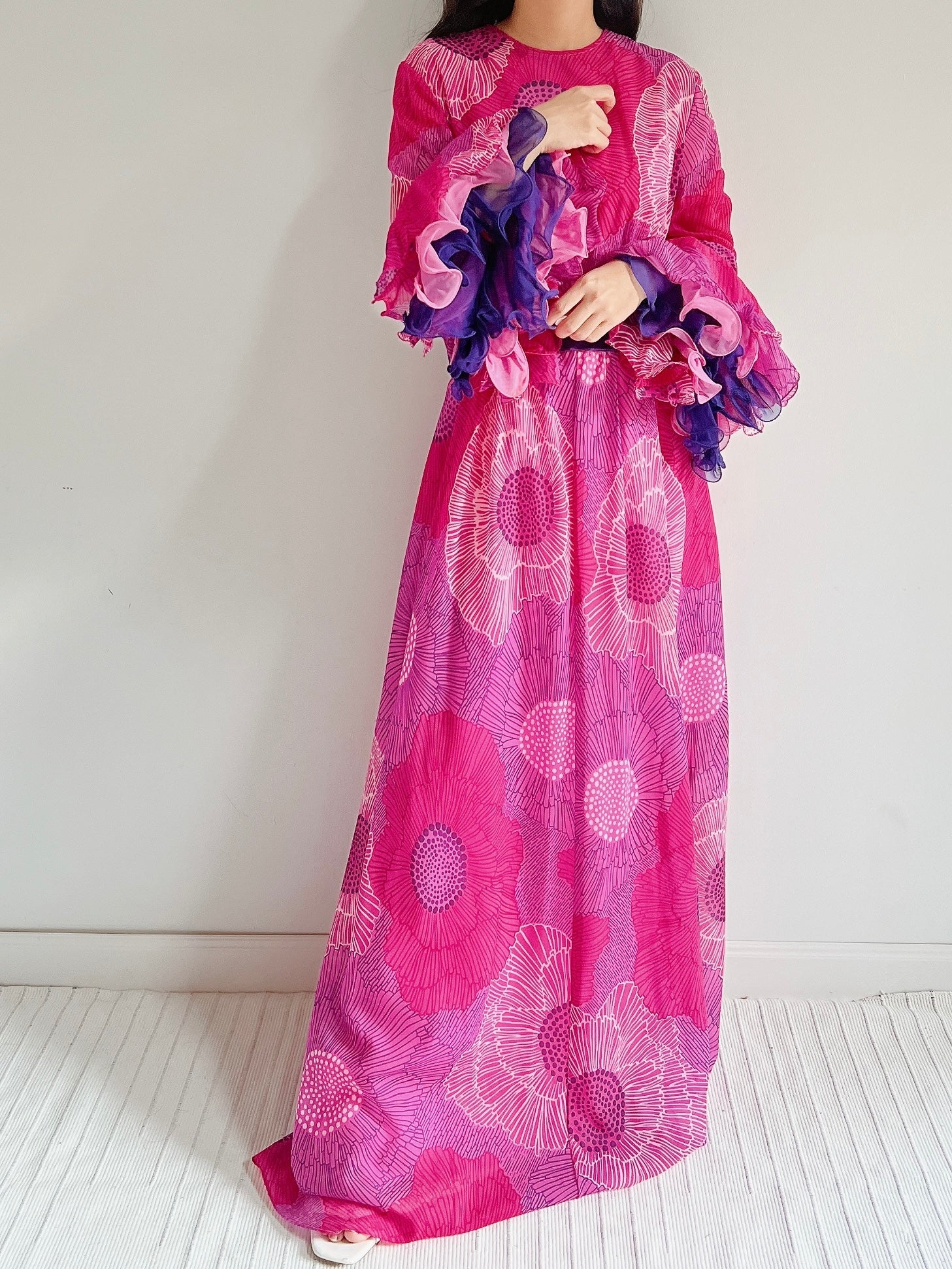 1960s Chiffon Floral Maxi Dress  - M