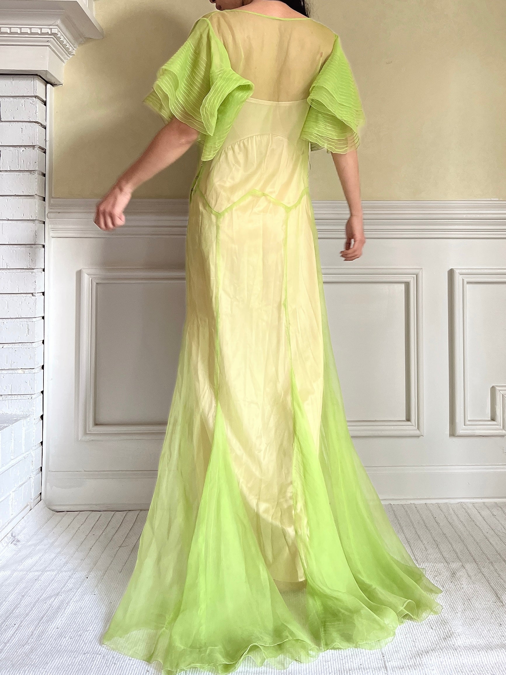 1930s Silk Chiffon Flutter Sleeve Dress - M