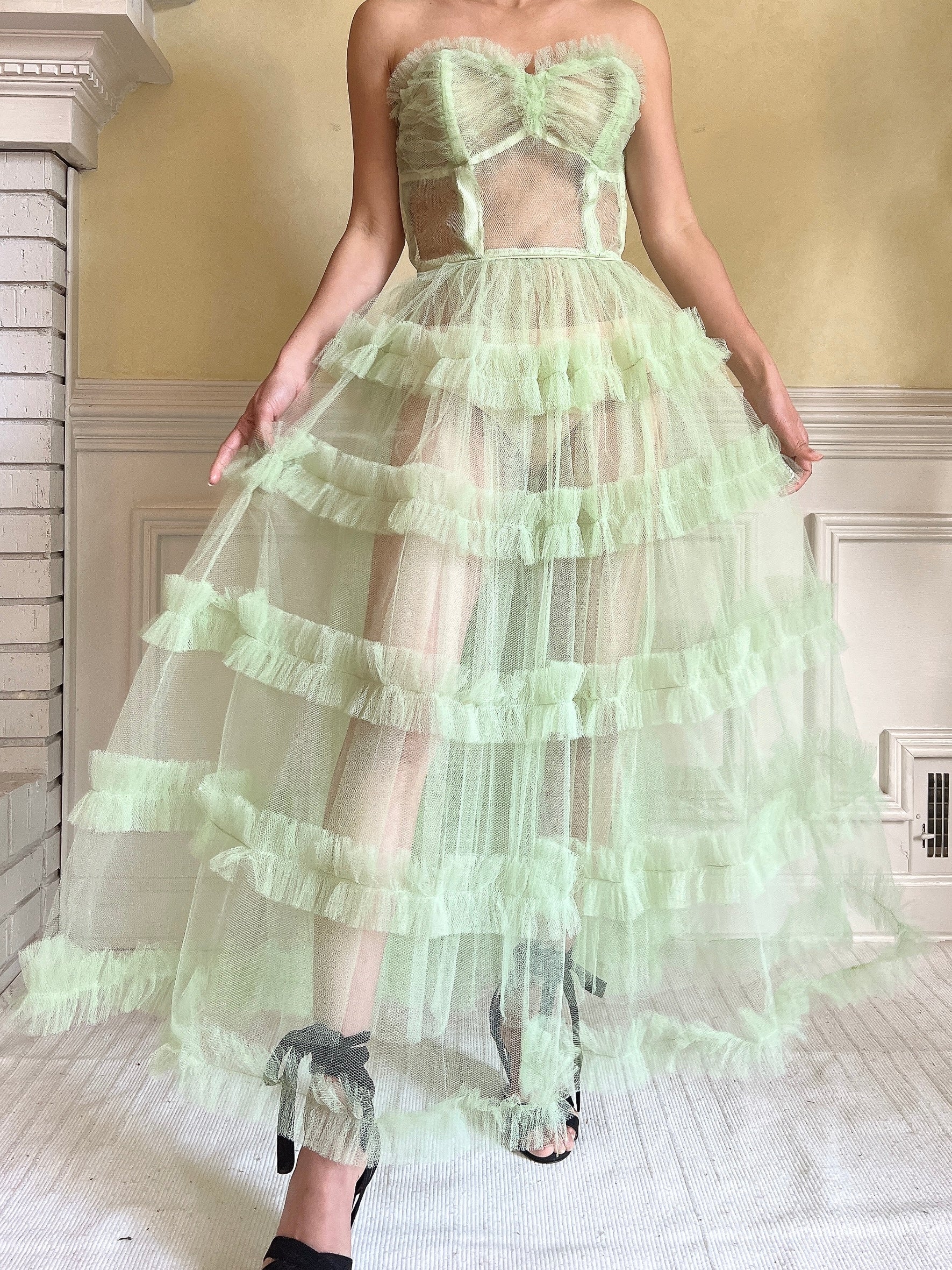 1950s Citrus Green Sheer Tulle Dress - XS