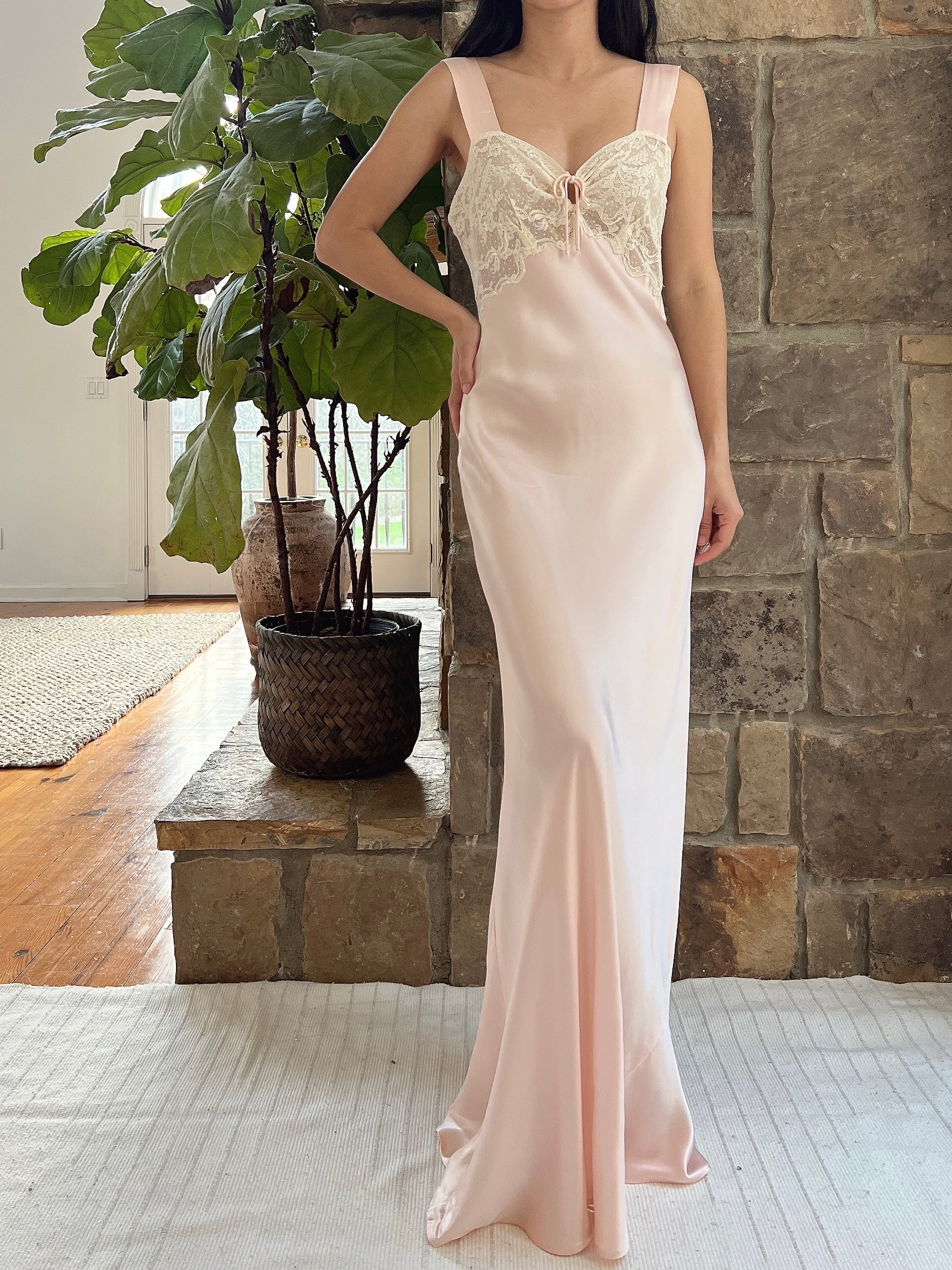 1930s Satin Keyhole Lace Bodice Gown - XS/S