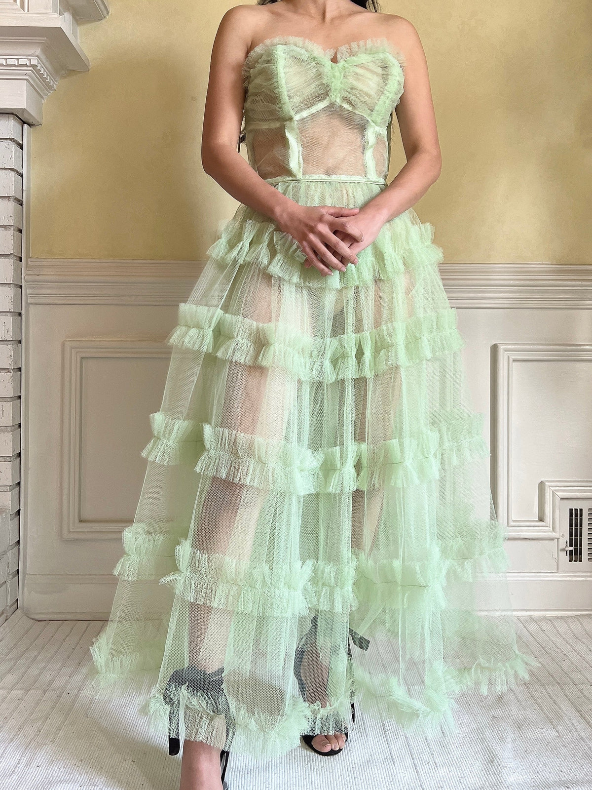 1950s Citrus Green Sheer Tulle Dress - XS