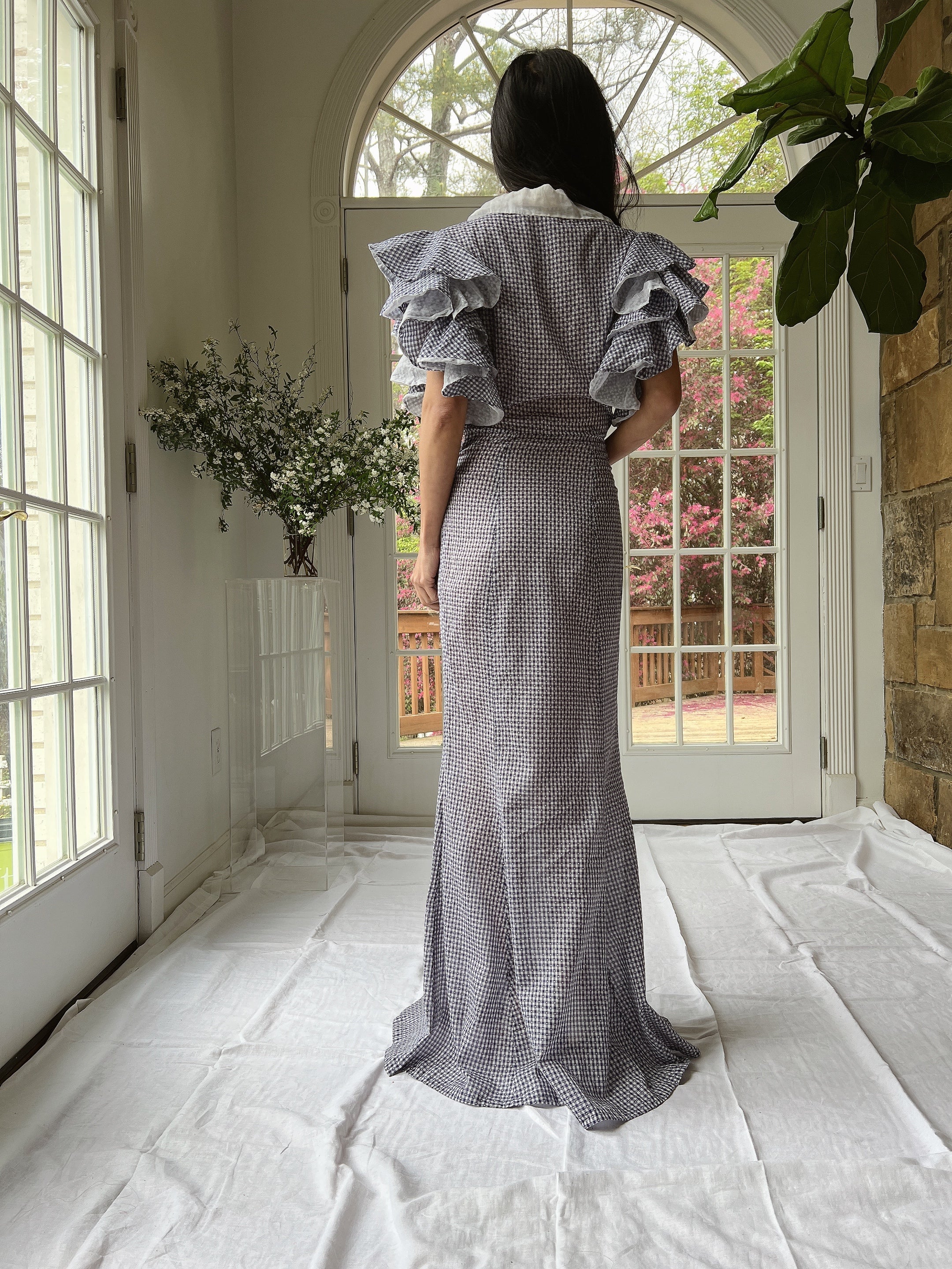 1930s Cotton and Organza Flutter Sleeve Gown - XS/S