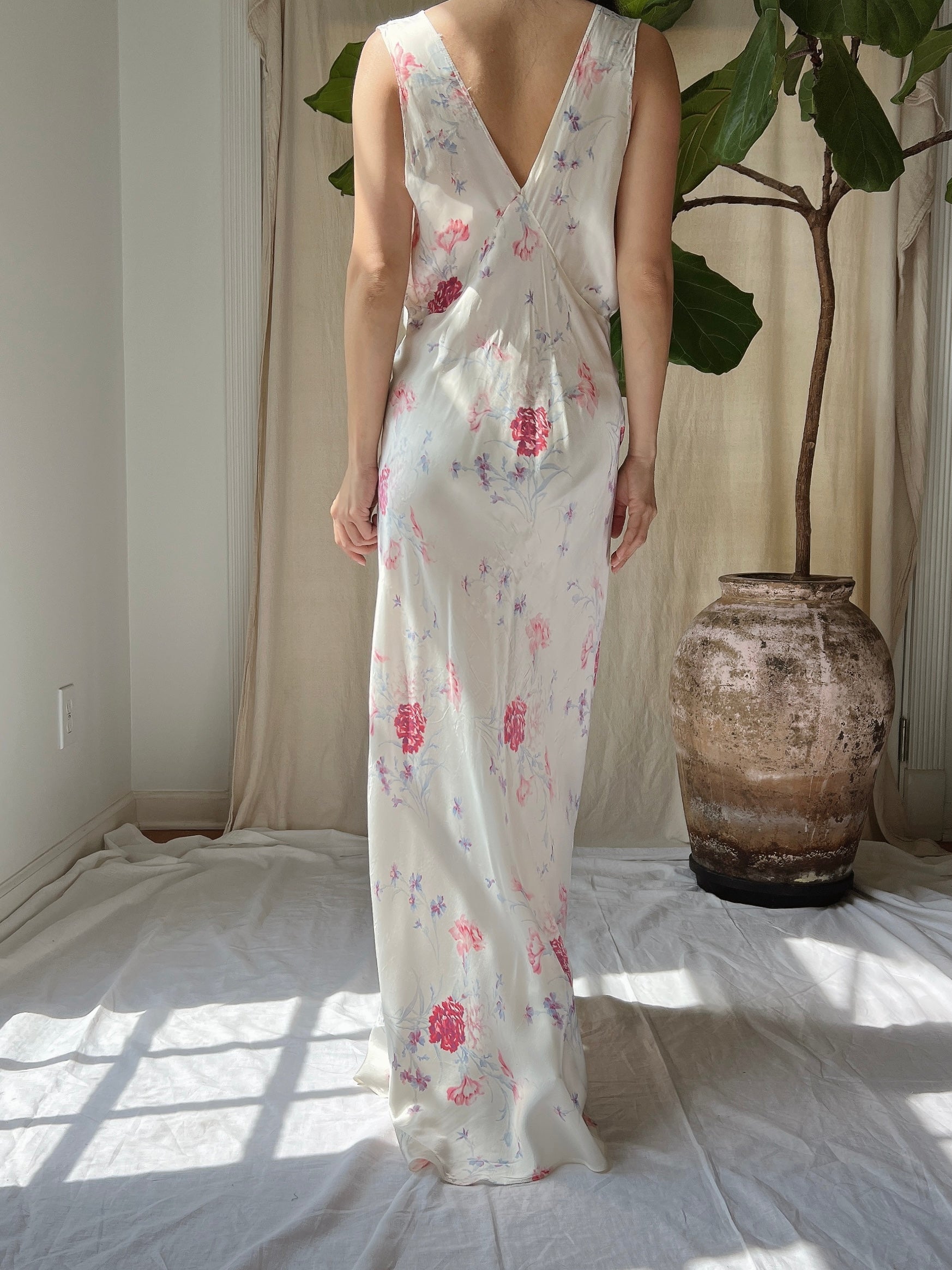 1930s Satin Floral Dress - S/M