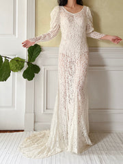 1930s Puff Sleeves Lace Wedding Gown - S