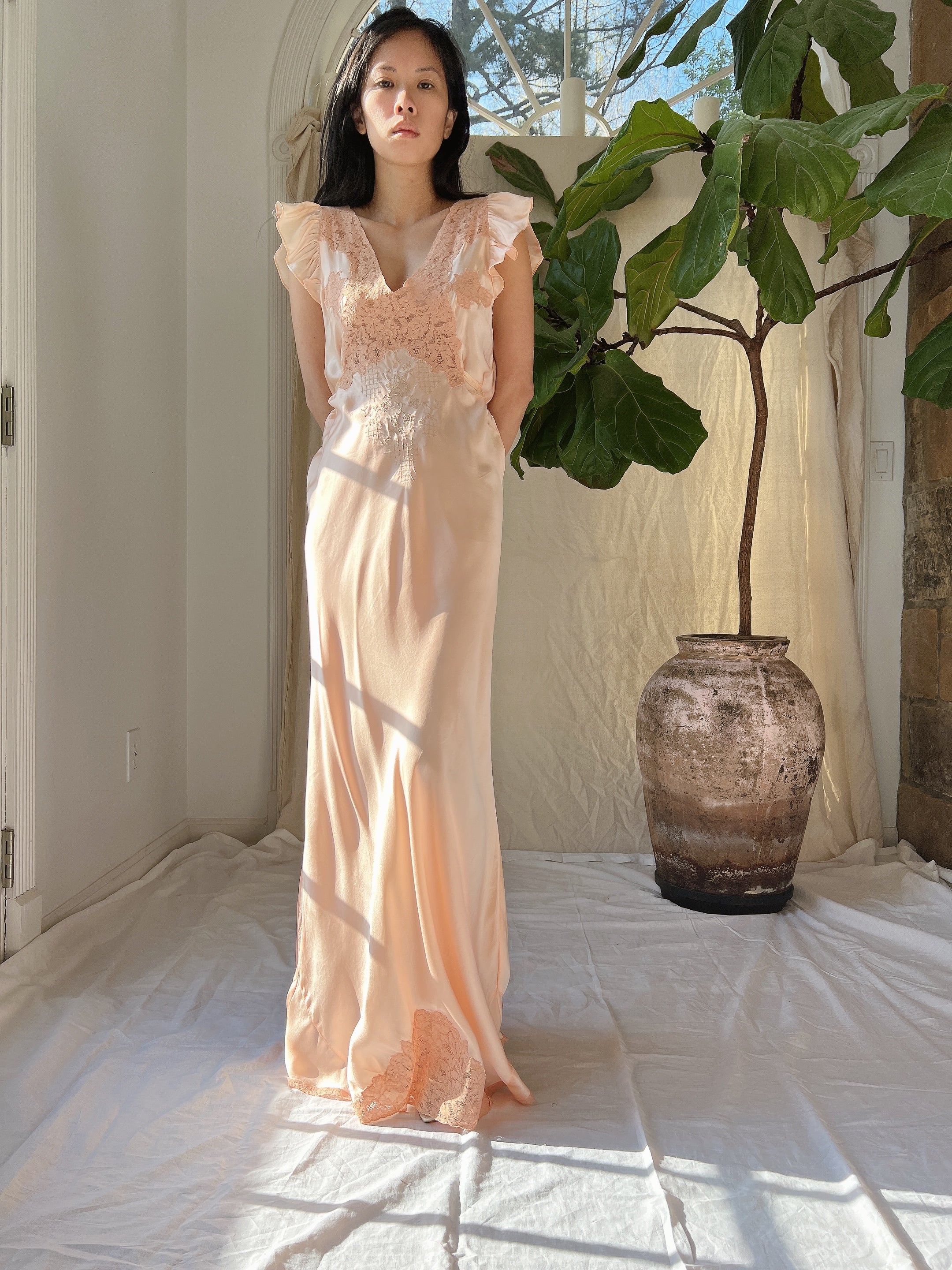 1930s Silk Flutter Sleeve Slip Gown - S/M
