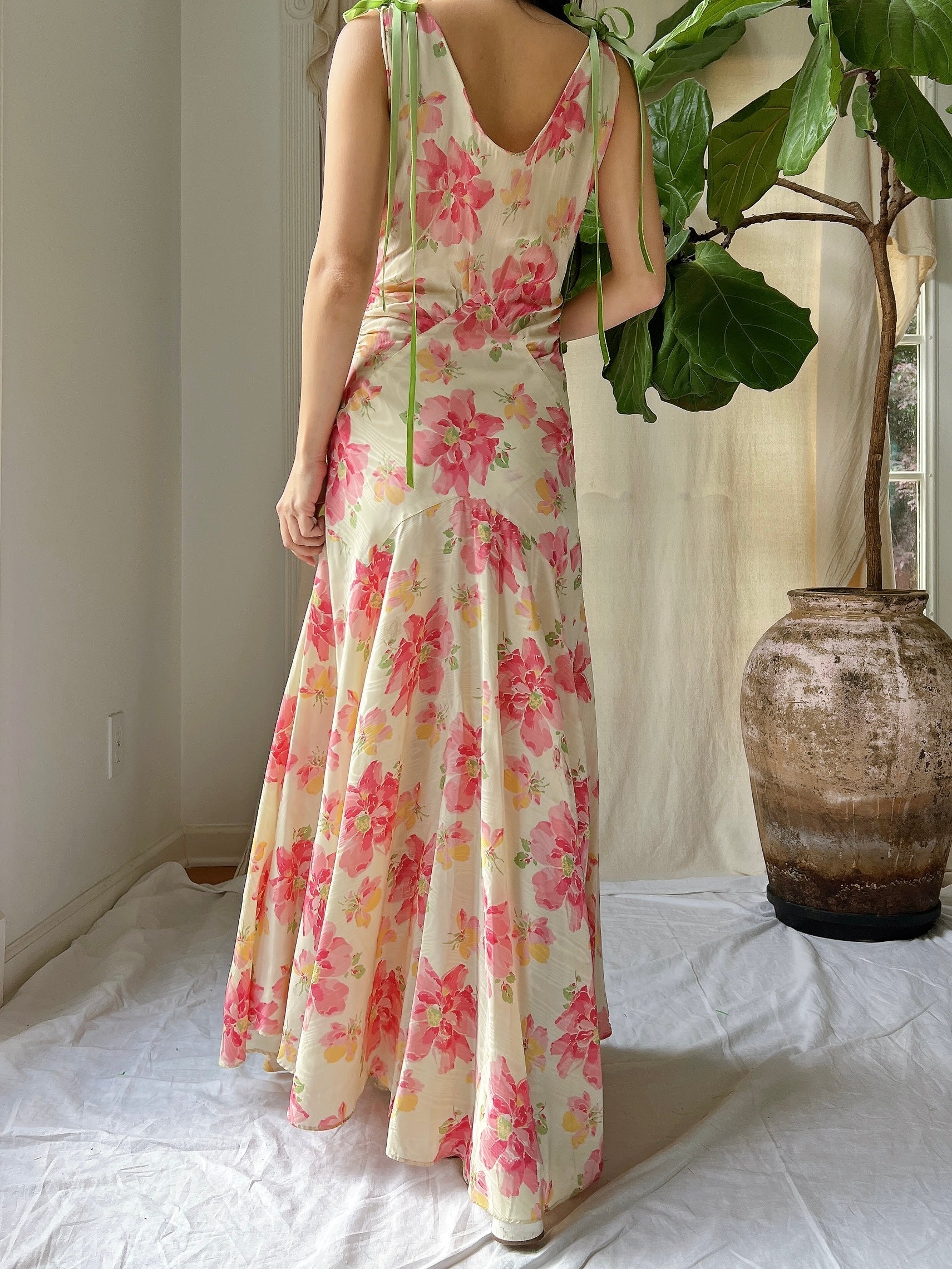 1930s Moire Floral Dress - S