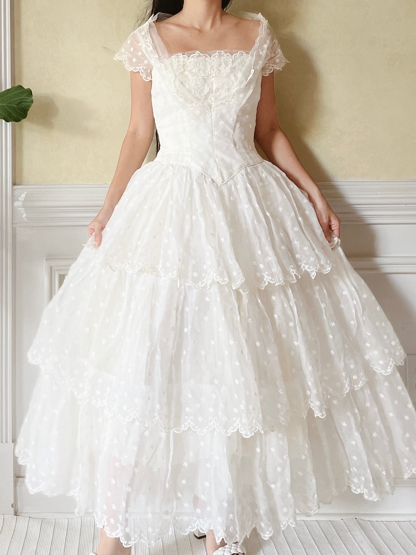 1950s Tiered Embroidered Gown - XS