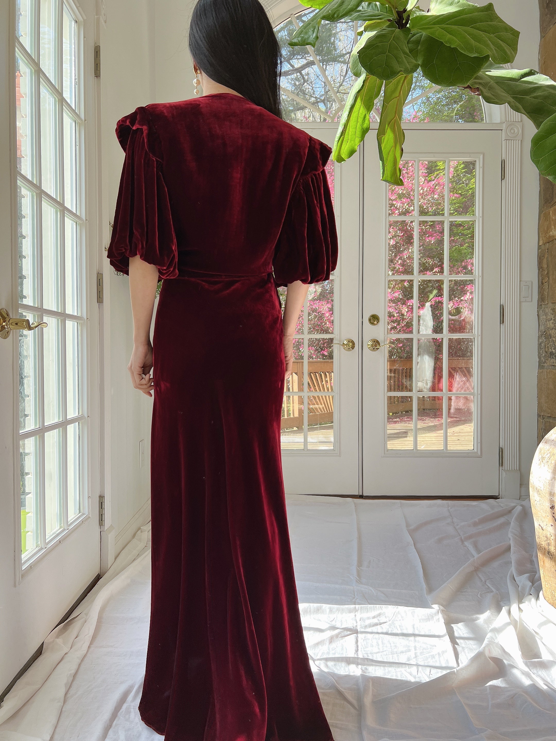 1930s Ruby Silk Velvet Gown with Jacket  - S