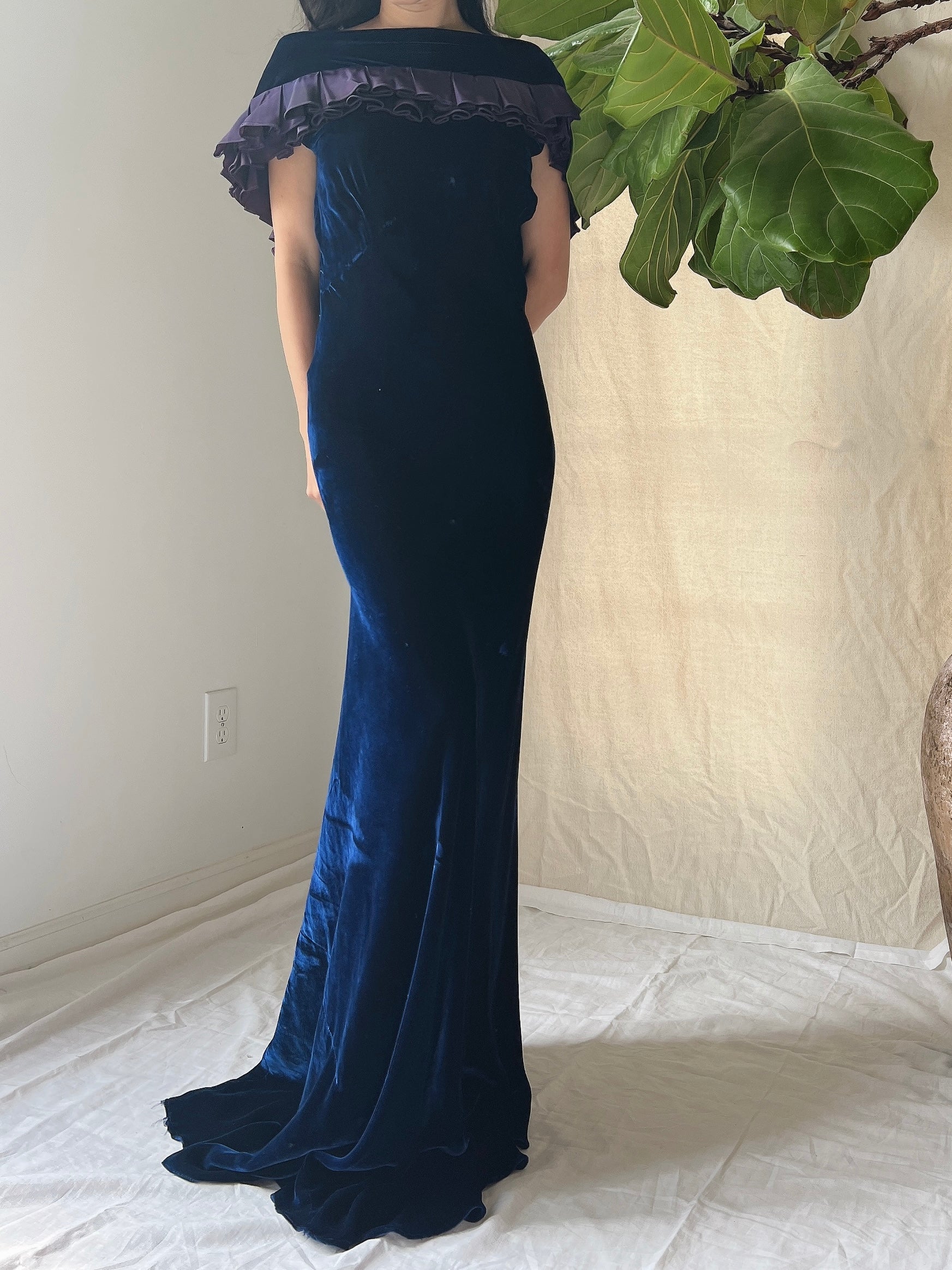 1930s Sapphire Silk Velvet Gown - S/M