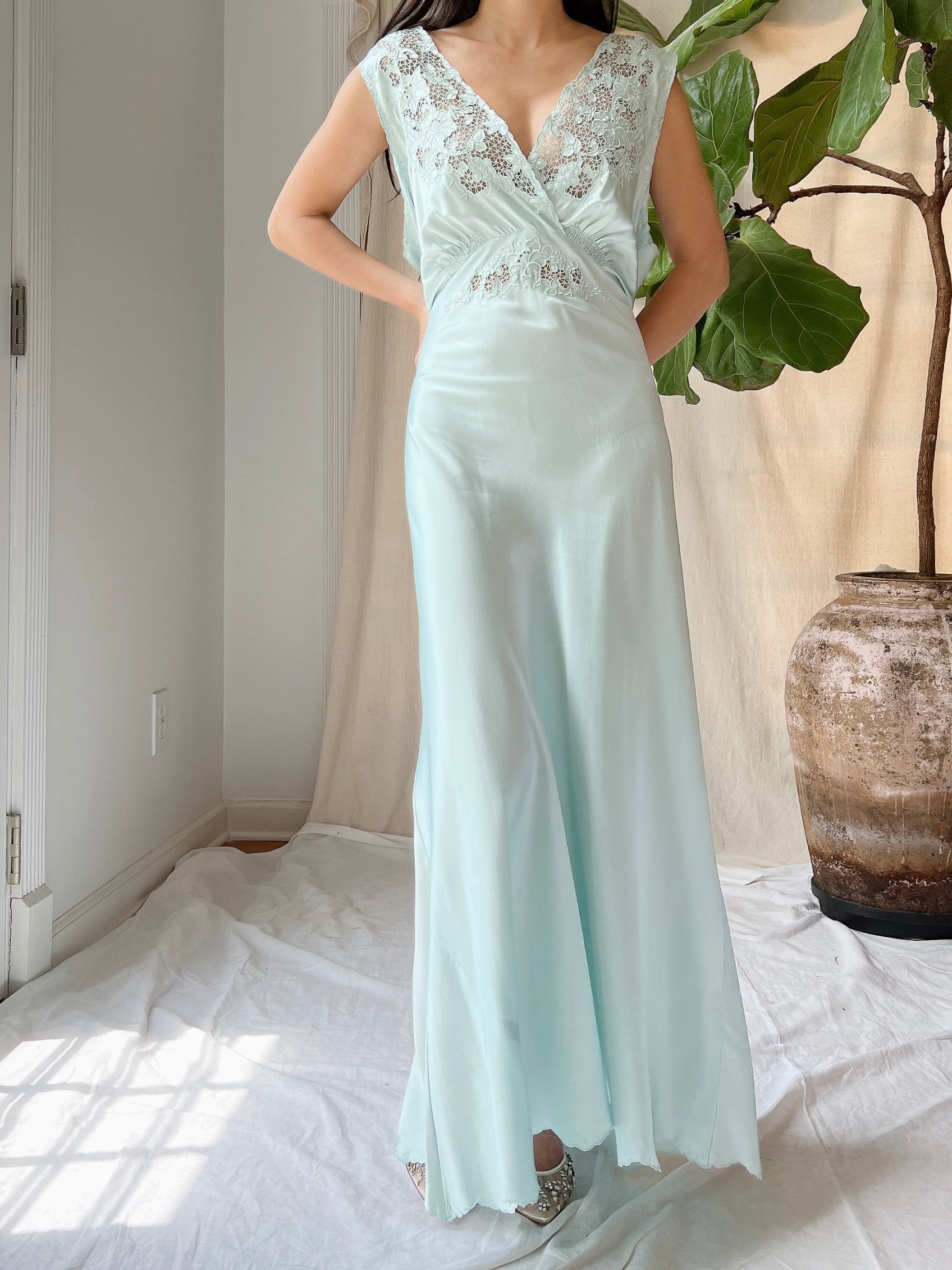 1940s Light Blue Silk Cutout Slip Dress - M