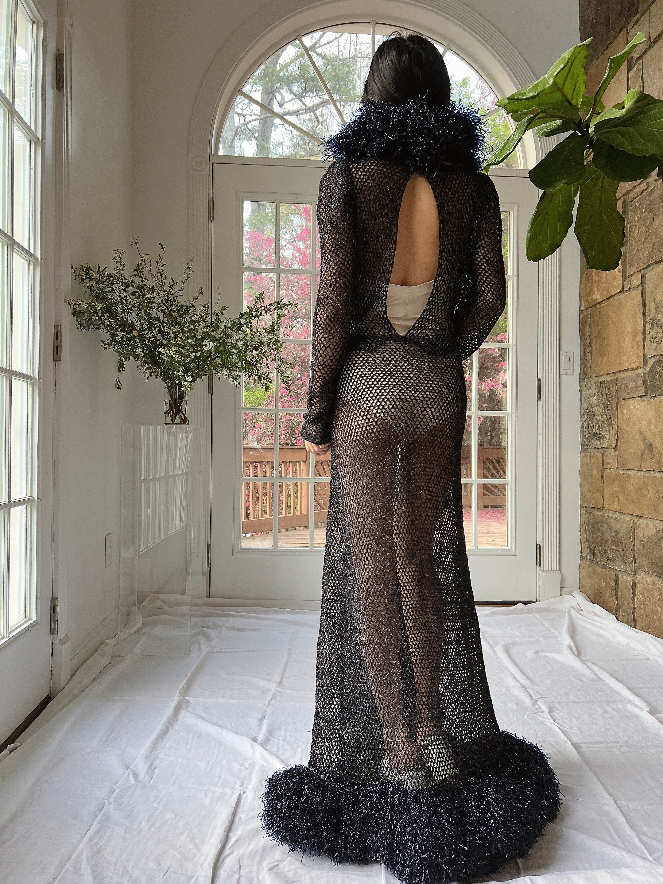 1930s Metallic Woven Navy Blue Gown - M