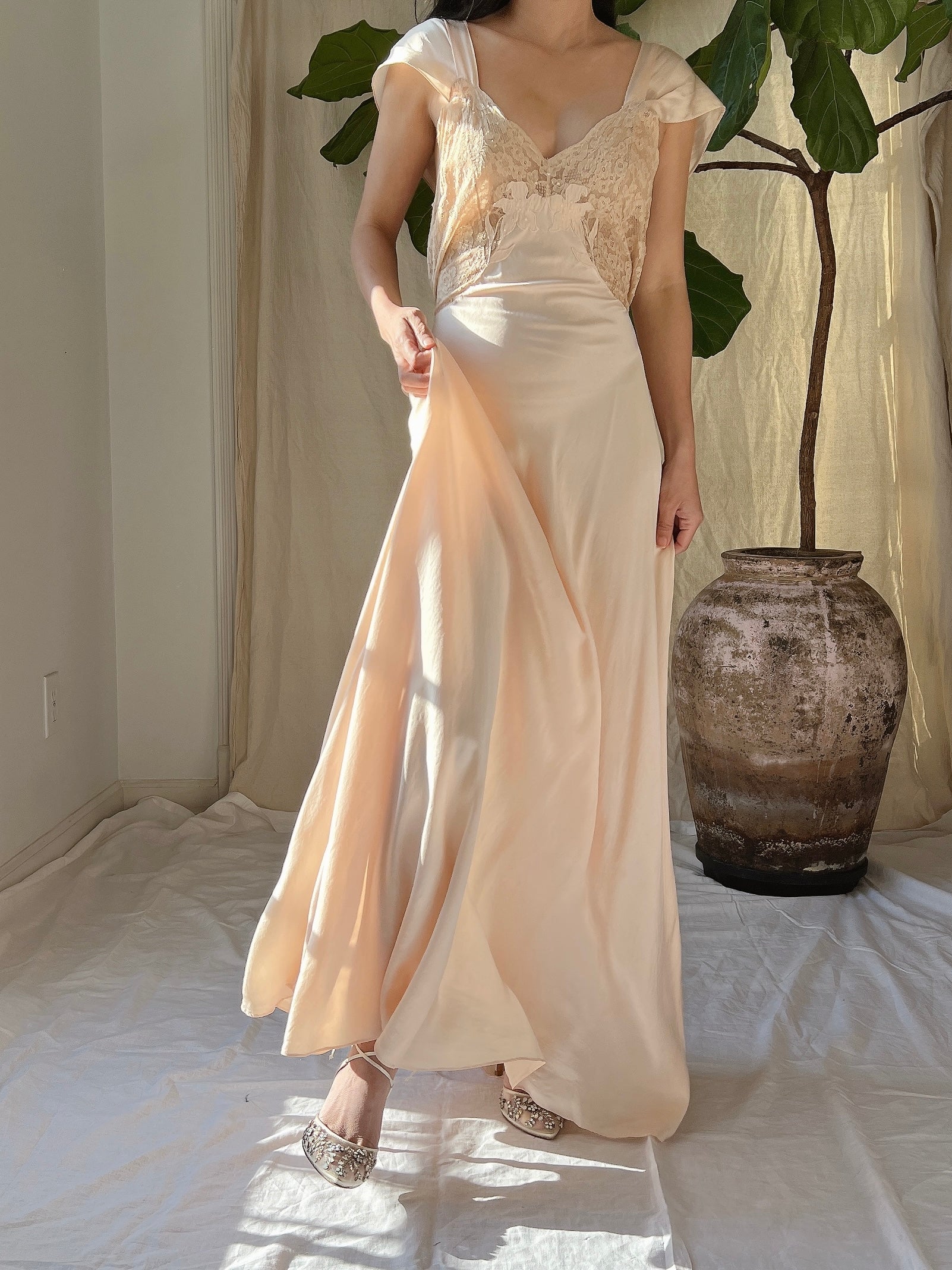 1930s Light Peach Silk Gown - S/M