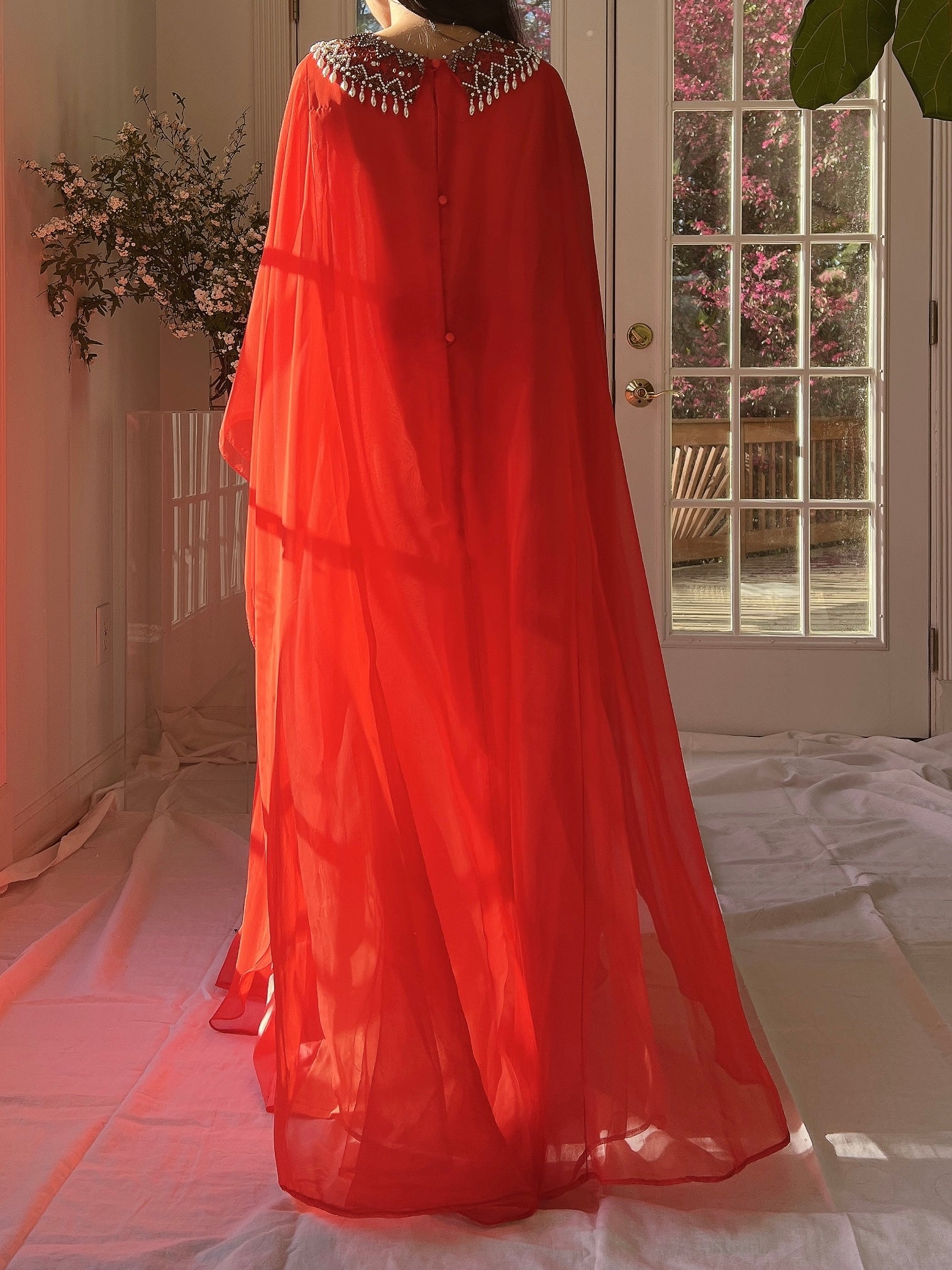 1960s Coral Red Chiffon Kaftan Dress - L