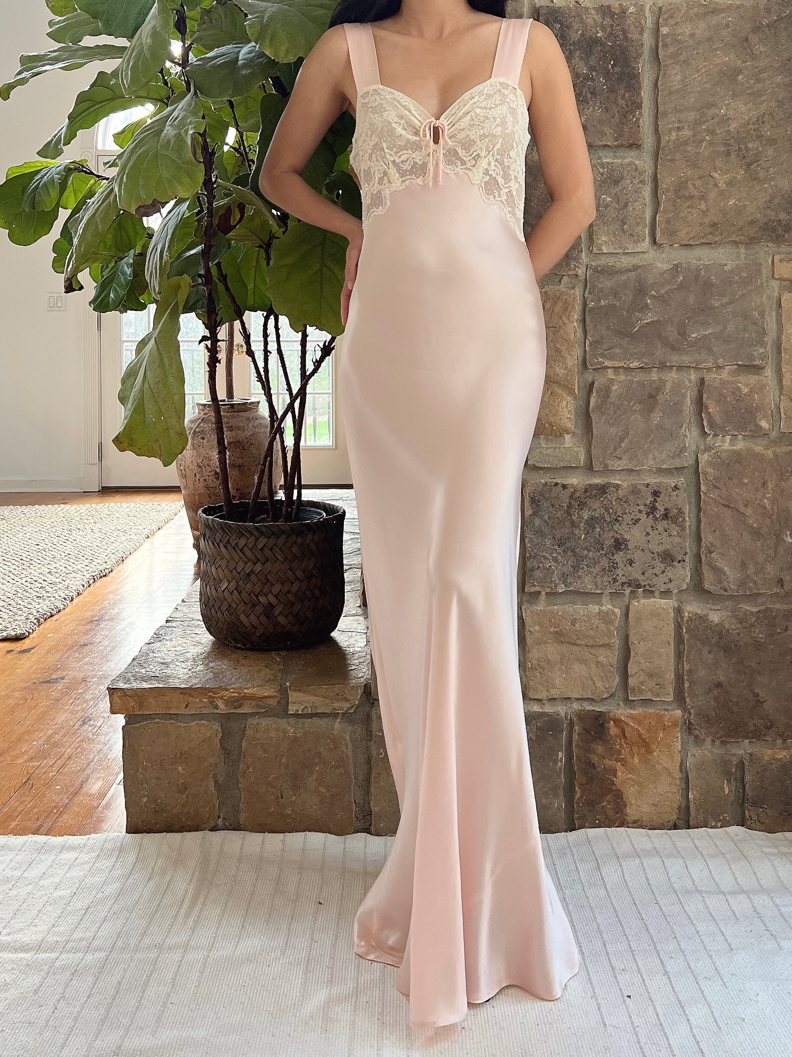 1930s Satin Keyhole Lace Bodice Gown - XS/S