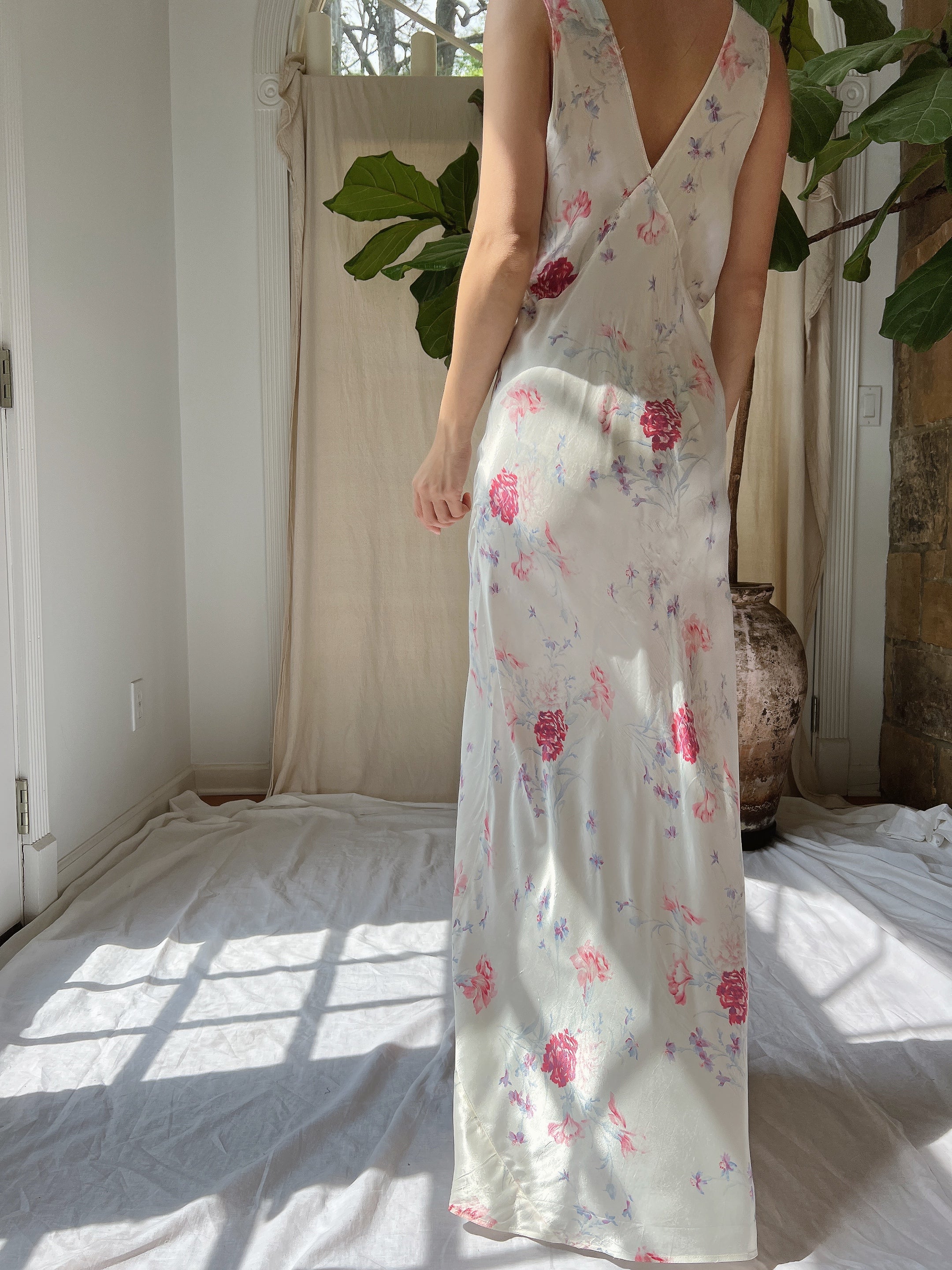 1930s Satin Floral Dress - S/M