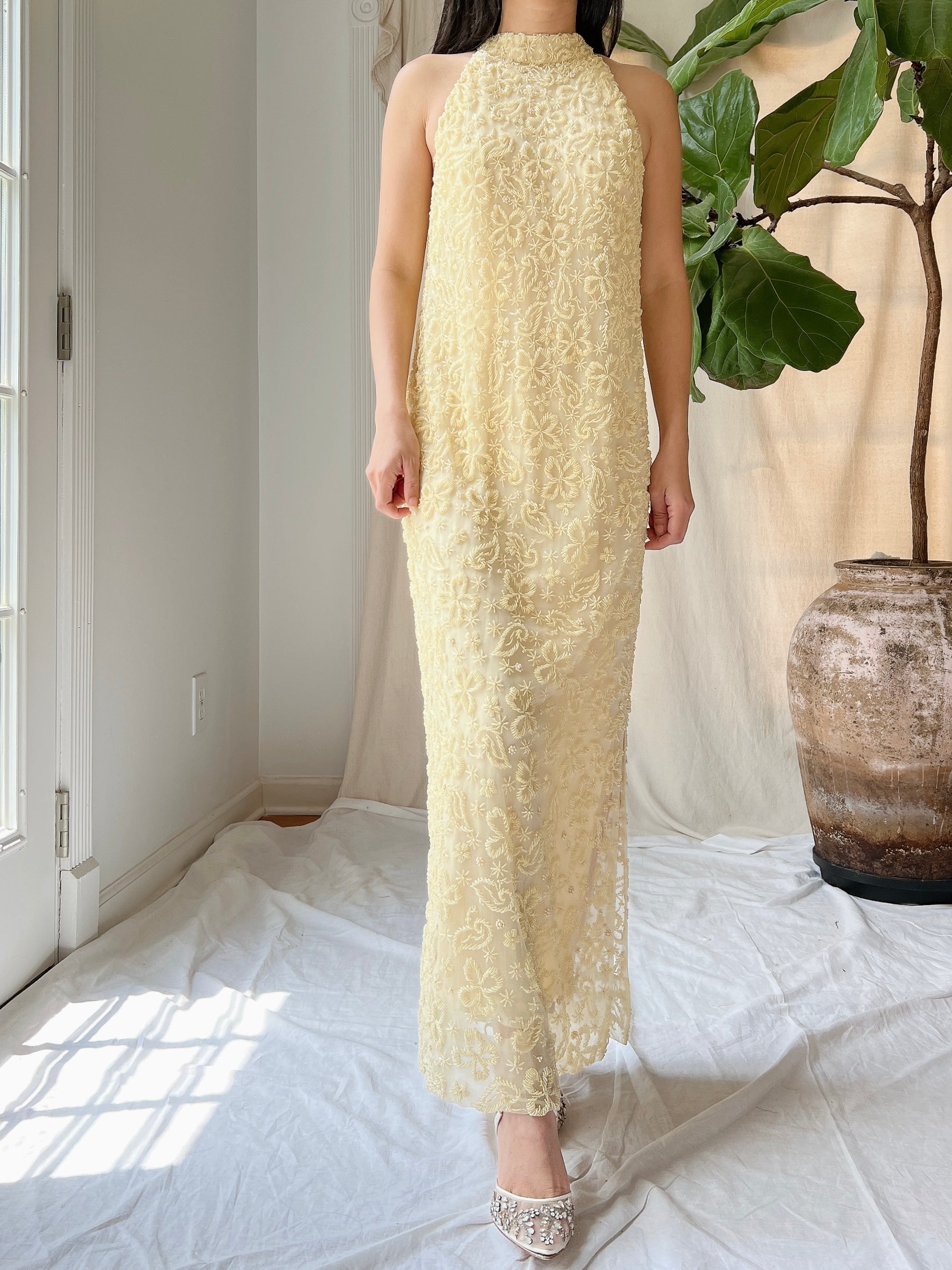 1960s Butter Yellow Beaded Tulle Dress - M