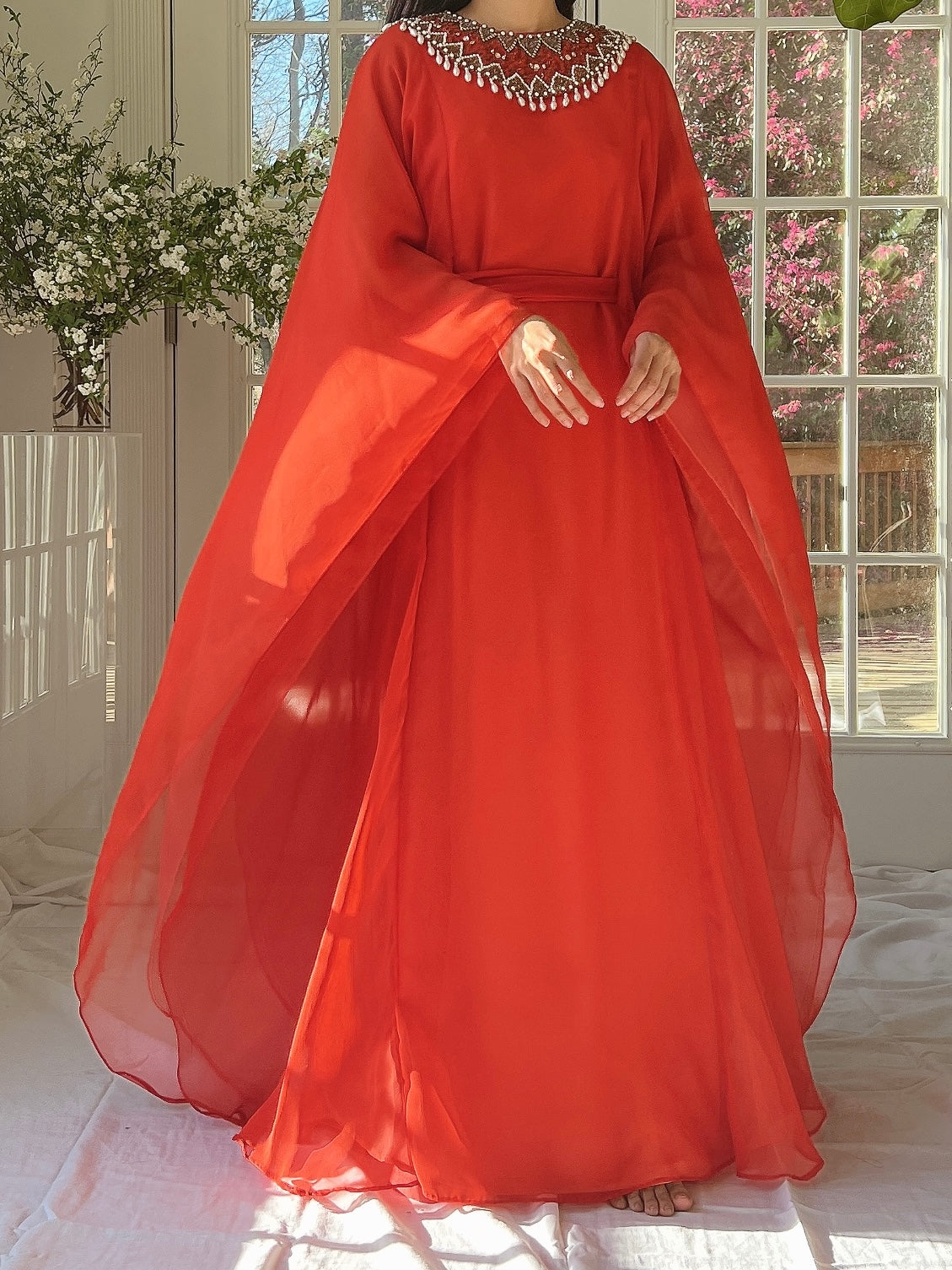 1960s Coral Red Chiffon Kaftan Dress - L