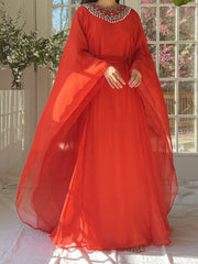 1960s Coral Red Chiffon Kaftan Dress - L