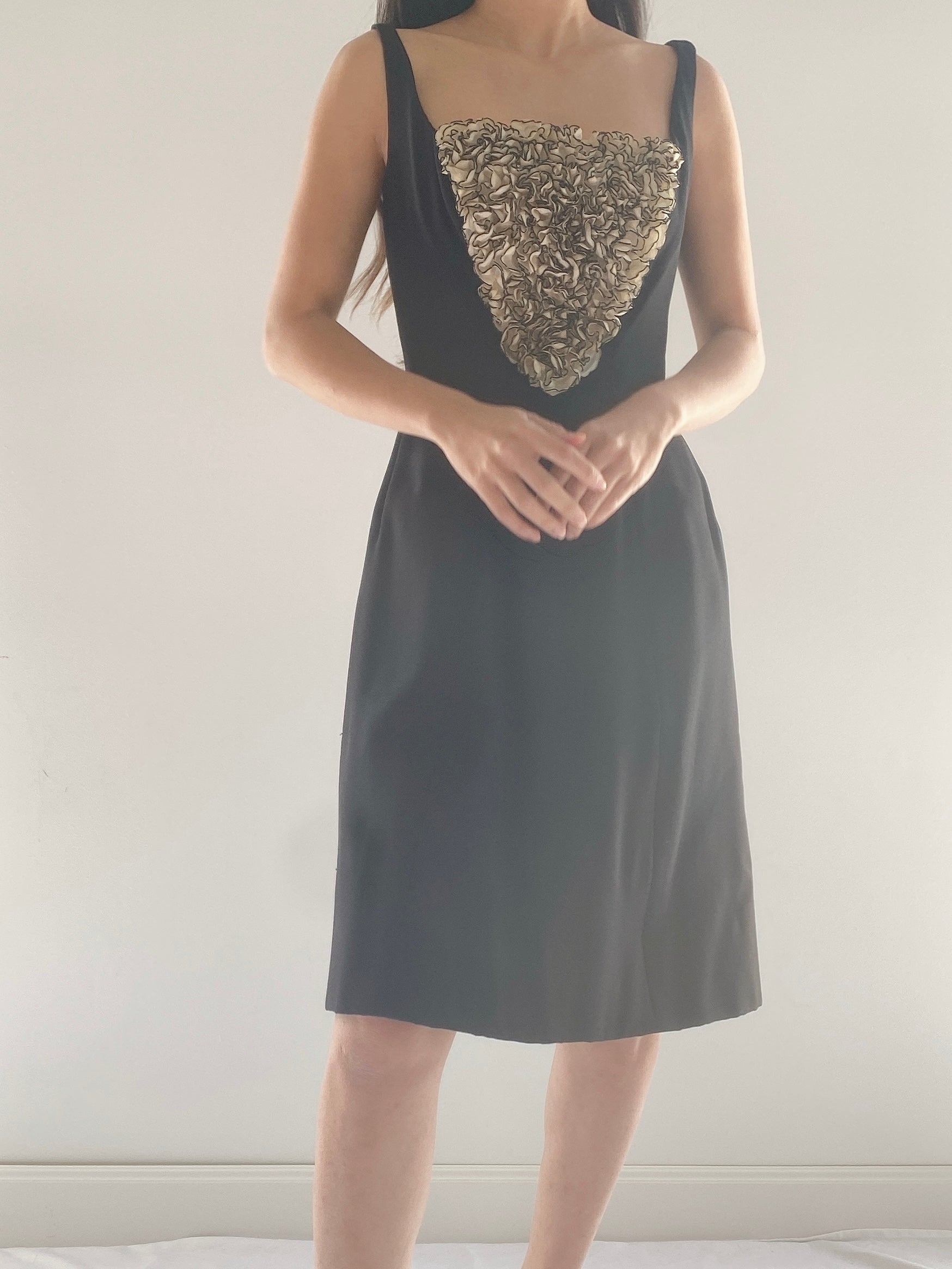 1960s Crepe and Silk Organza Ruffle Dress - XS/S