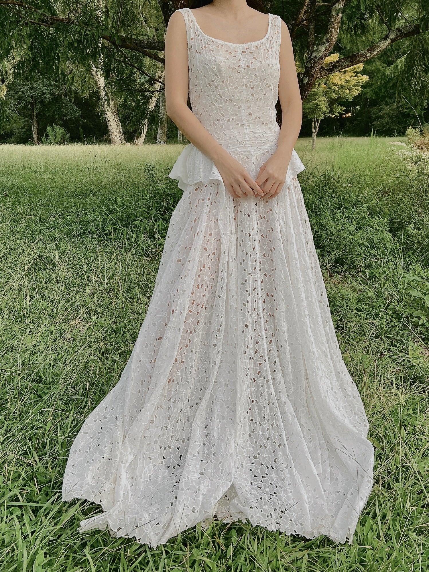 1930s Ivory Organdy Embroidered Cutout Gown - S