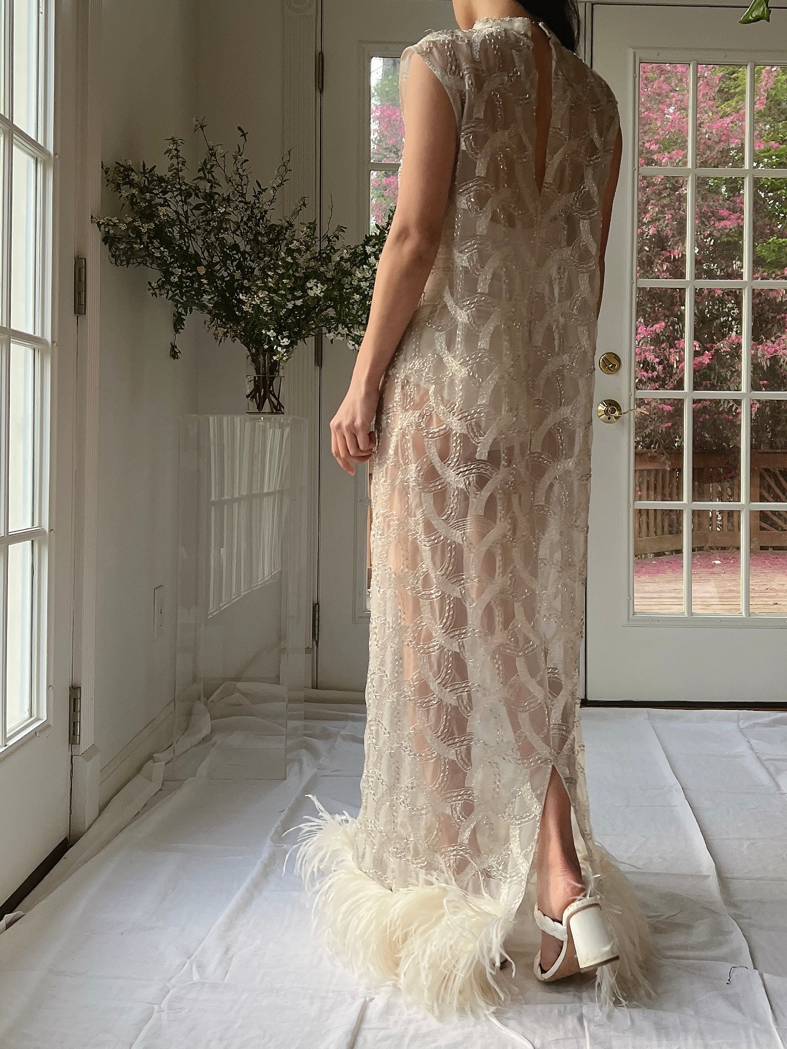 1960s Beaded Organza Dress with Feathers - S-L