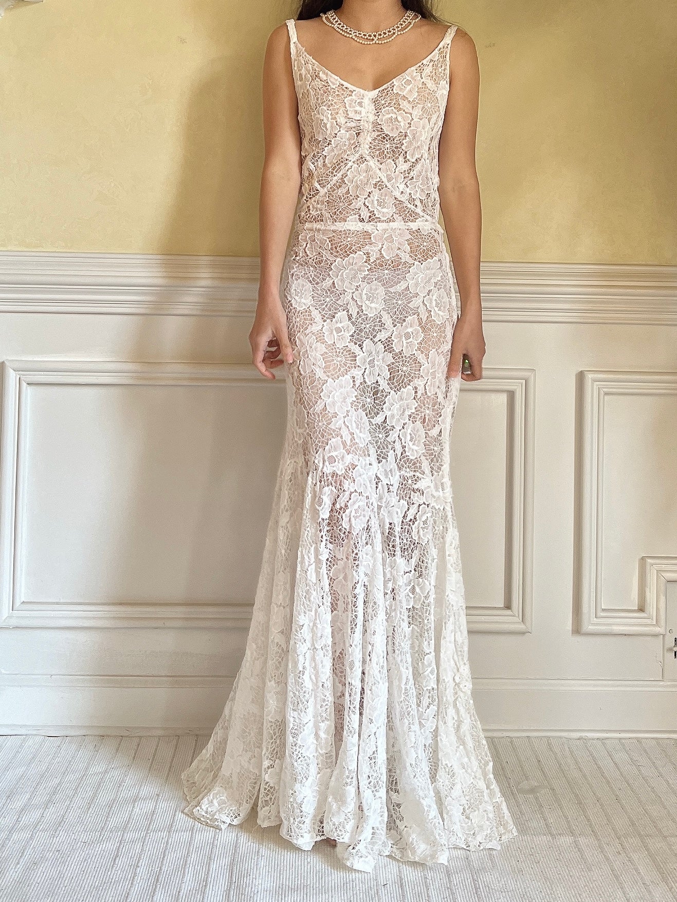 1930s Ivory Spider Lace Gown - S