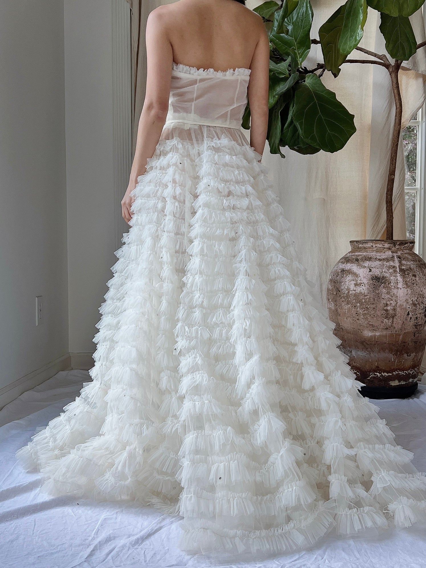 1950s Sheer Ruffle Ivory Dress - XS