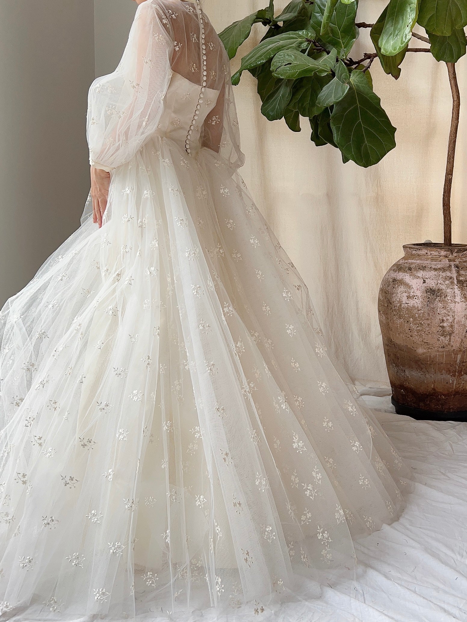 1950s Tulle Puff Sleeve Embroidered Dress - XS