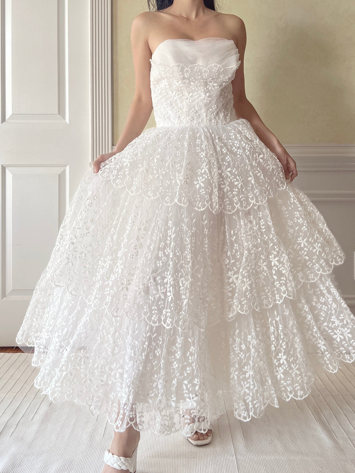 1950s Sweetheart Embroidered Lace Dress - XS