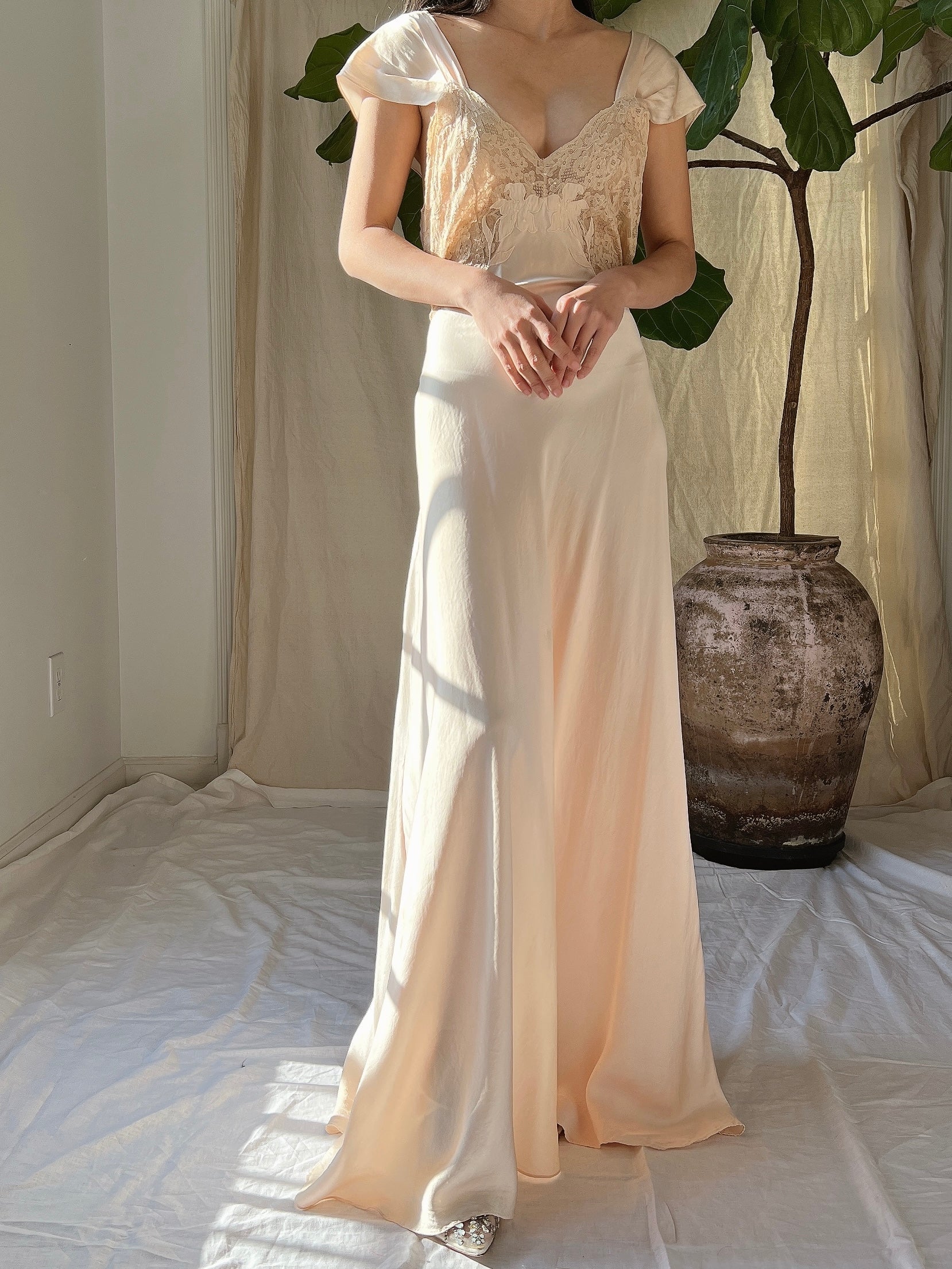 1930s Light Peach Silk Gown - S/M