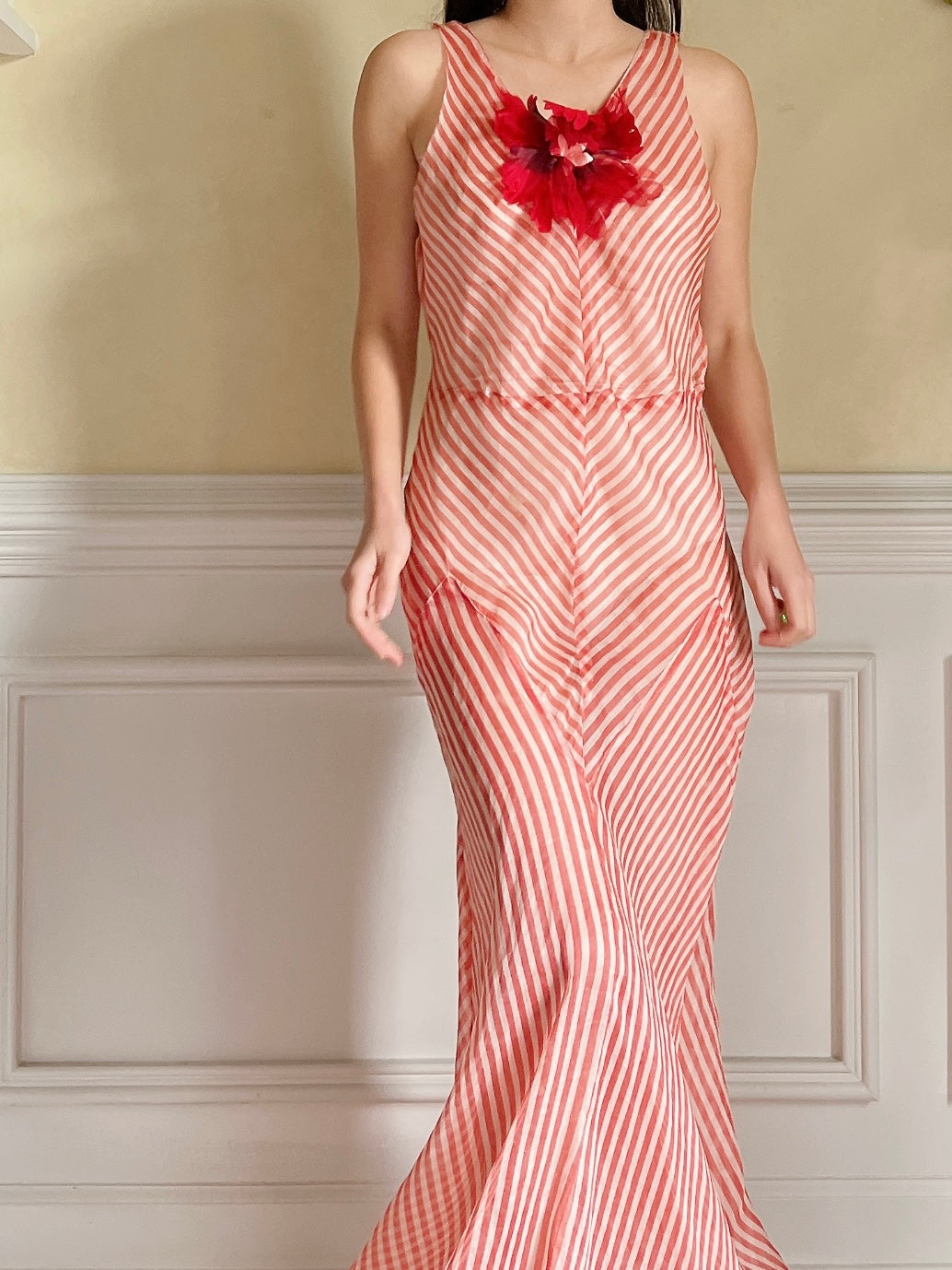 1930s Striped Silk Organza Gown - S
