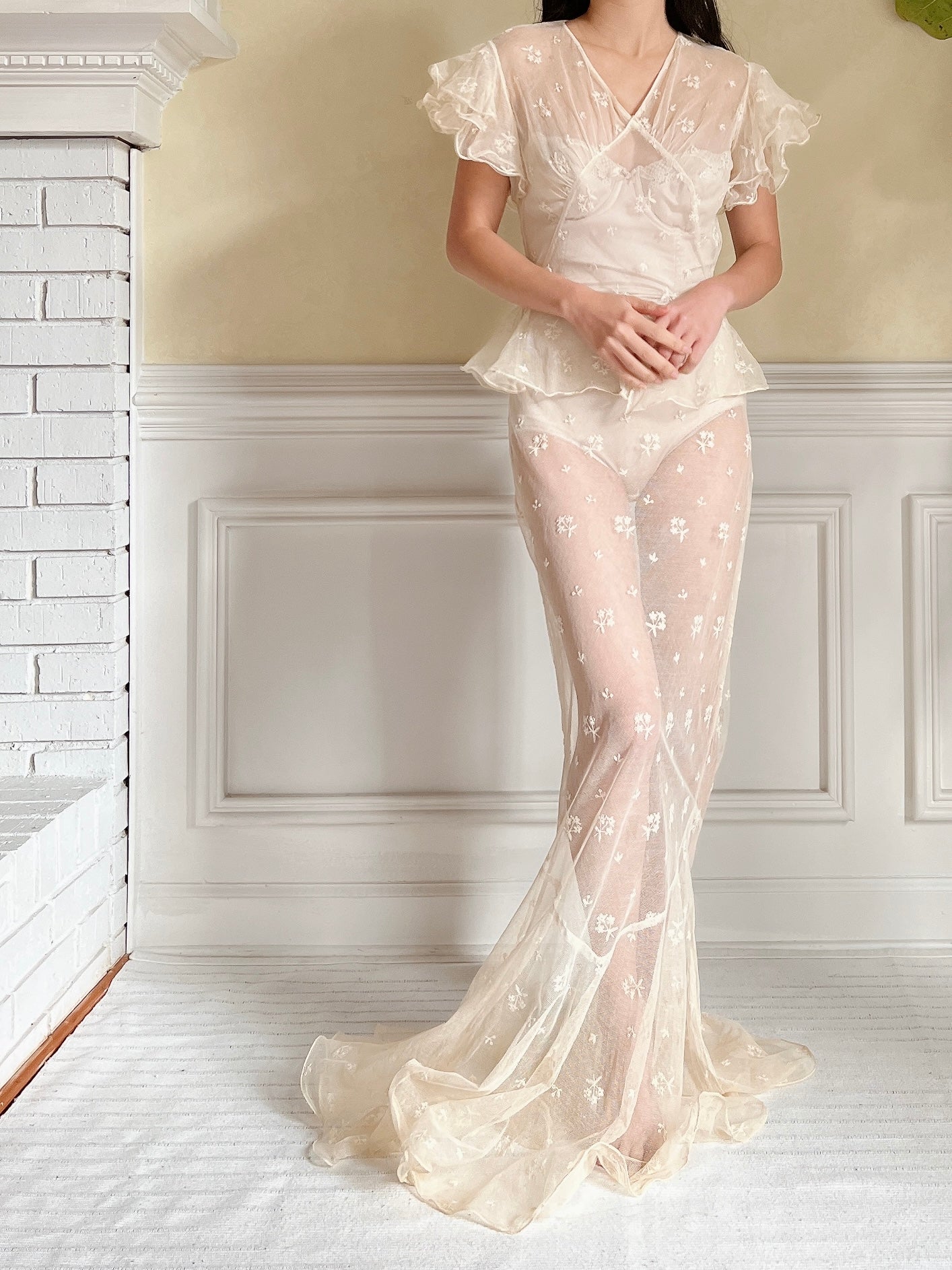 1930s Tulle Embroidered Gown - S