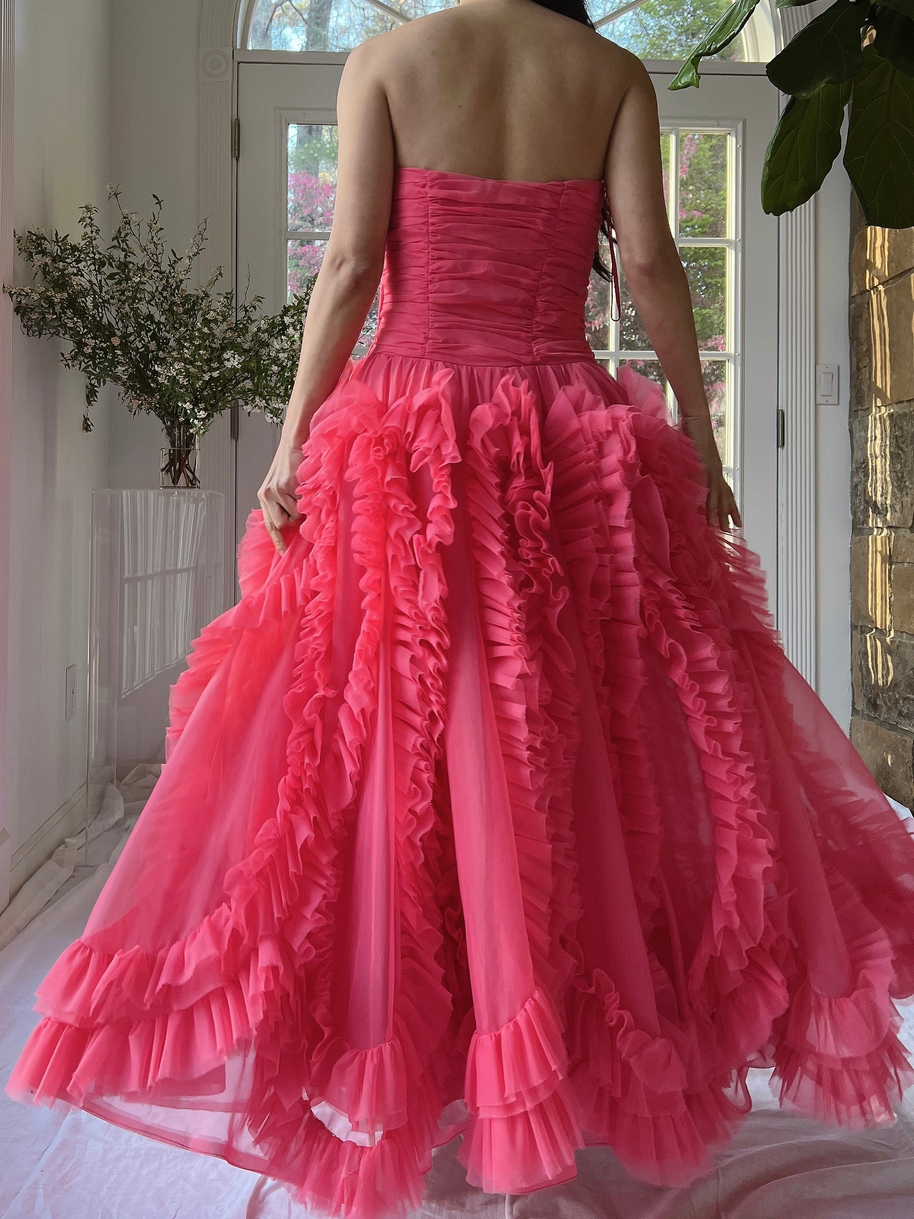 1960s Hot Pink Ruffle Dress - S