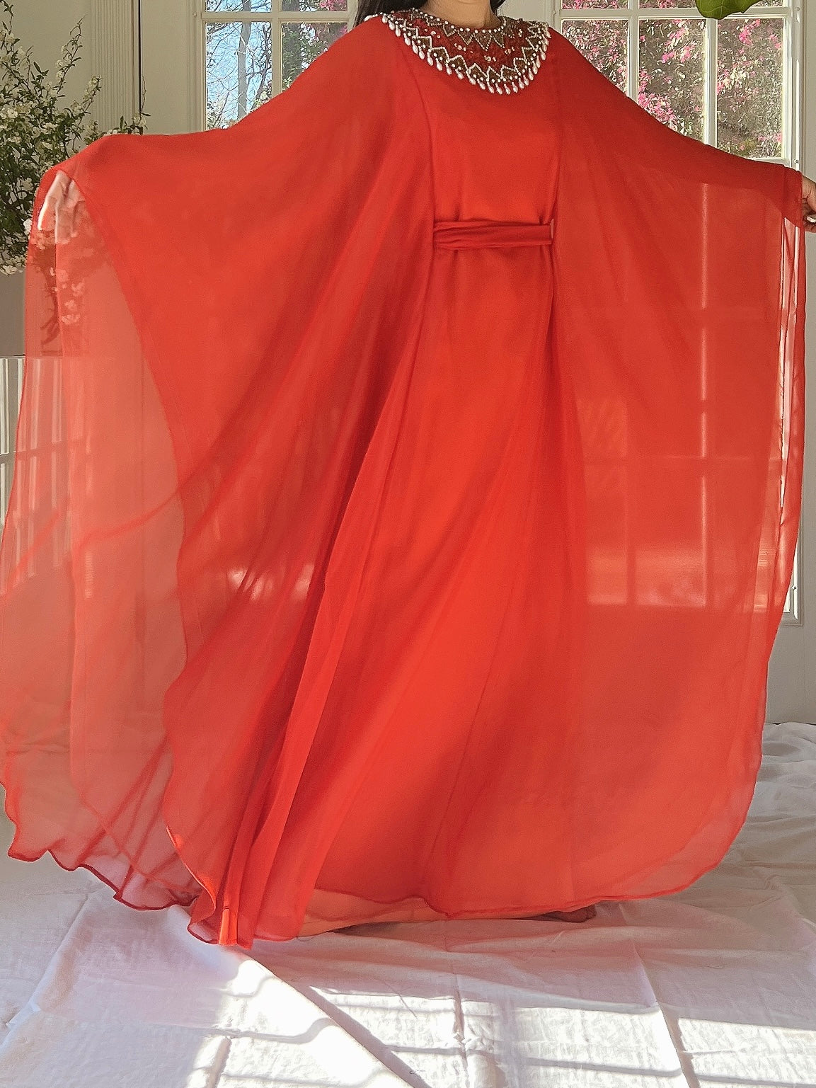 1960s Coral Red Chiffon Kaftan Dress - L