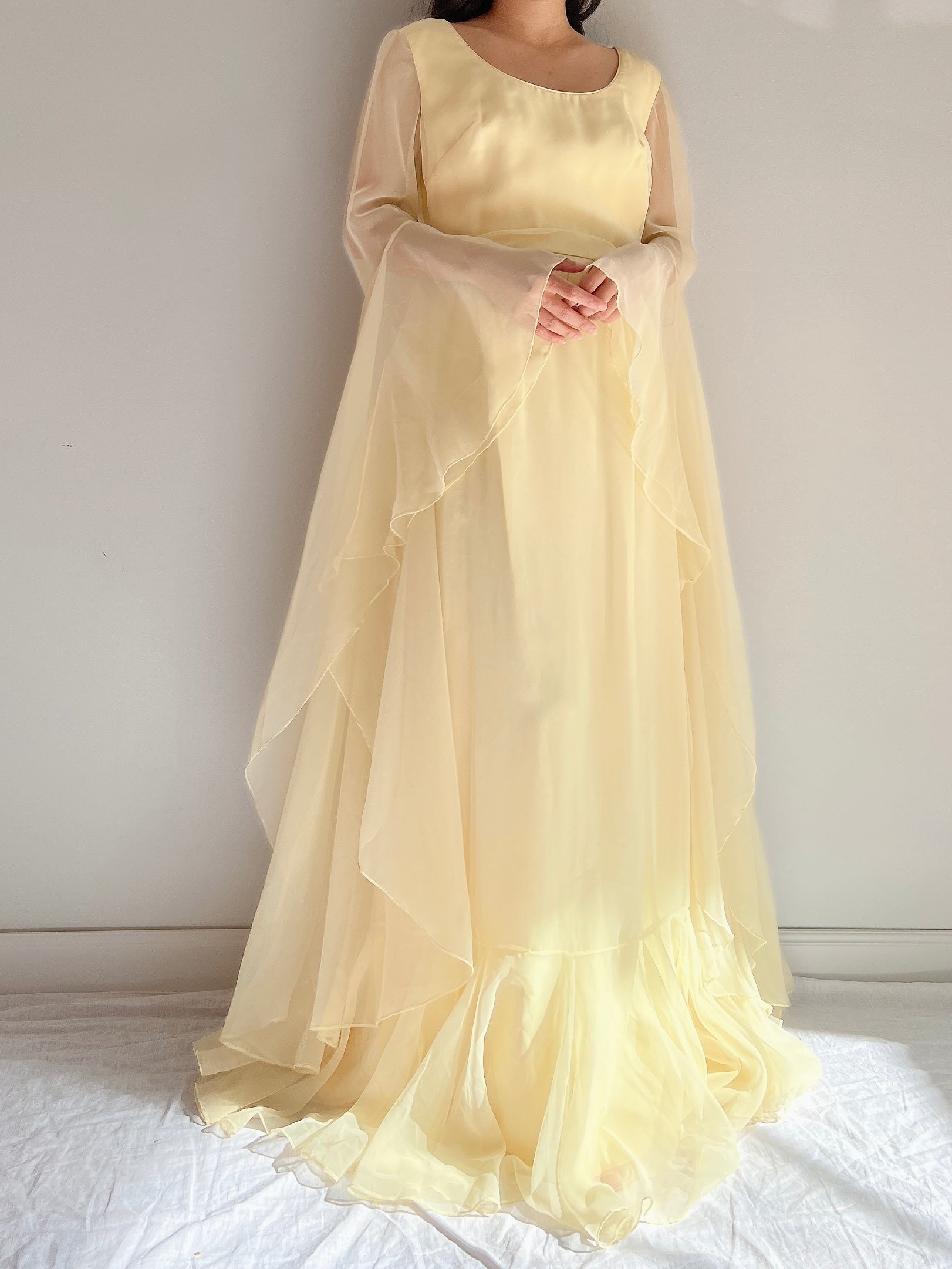 1960s Angel Sleeves Chiffon Gown - S